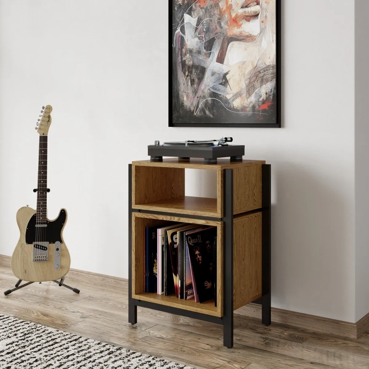 Turntable Stand with Drawer - Oak, Metal Frame image