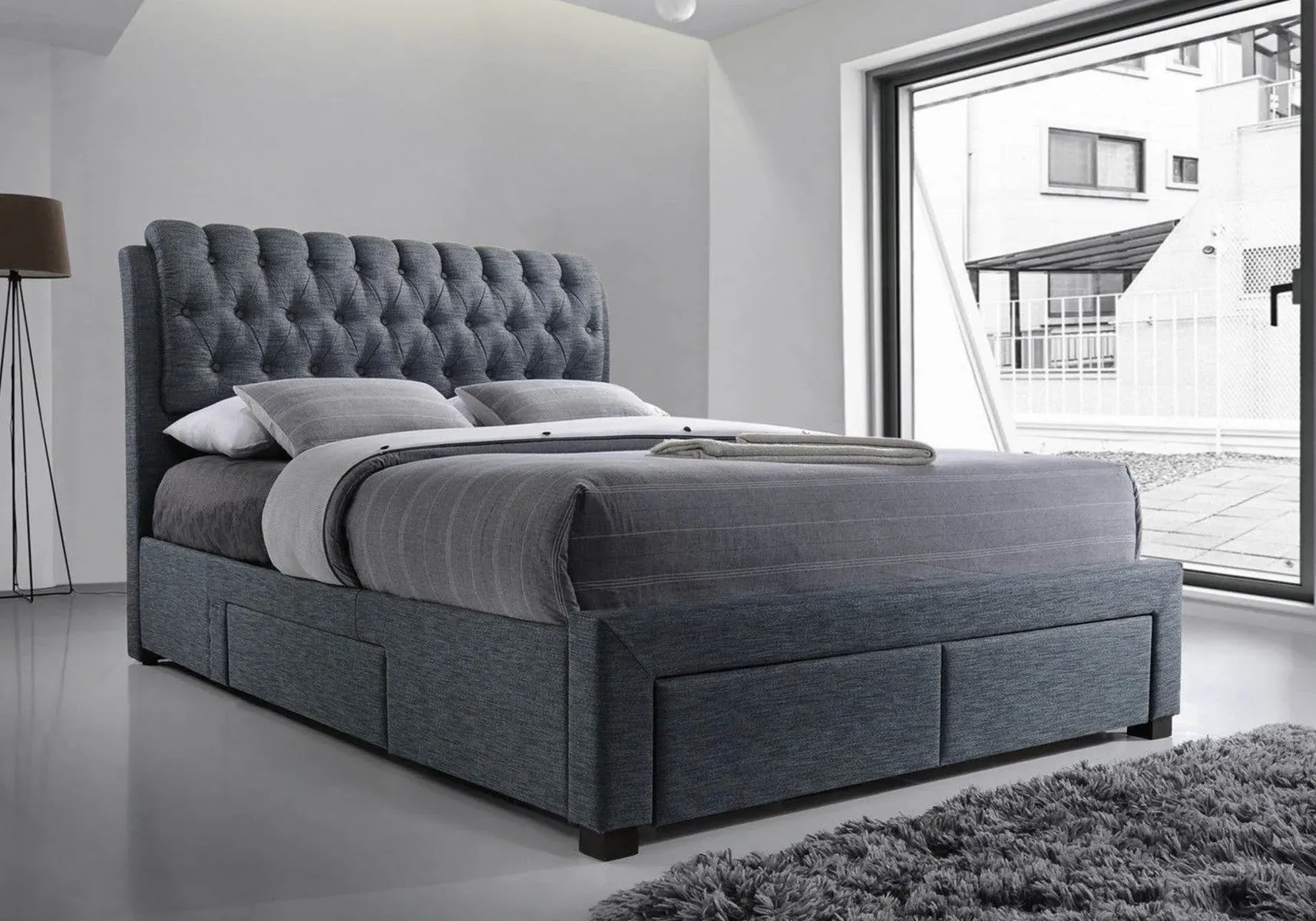 King Size Bed Frame with Storage - Grey, Fabric