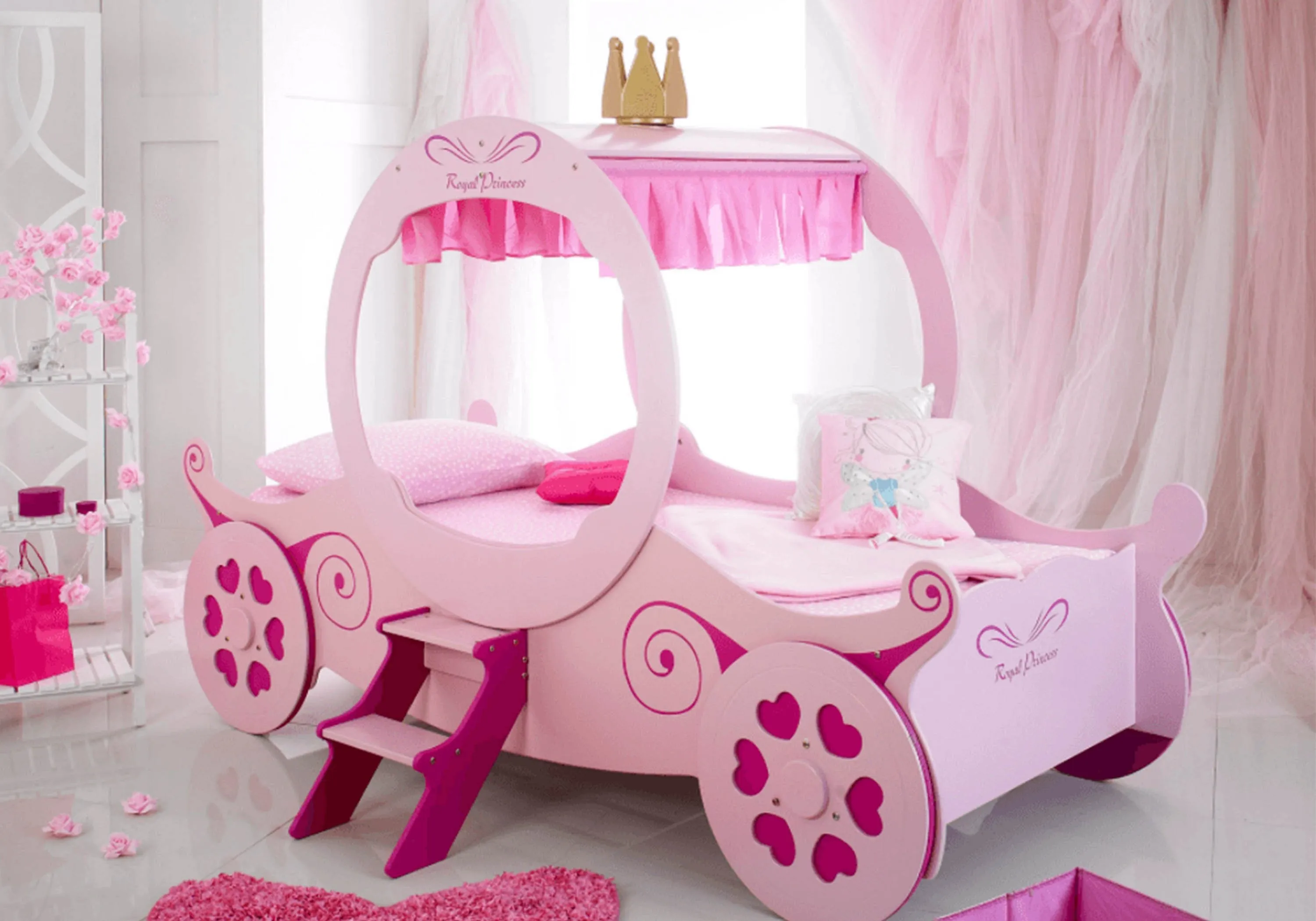 Princess Carriage Bed Frame with Curtains - Pink image
