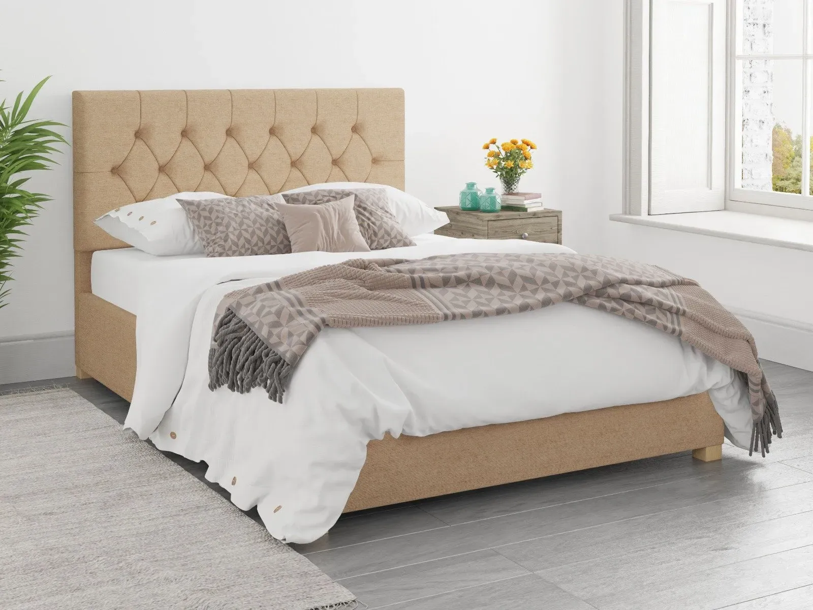 Double Ottoman Bed with Storage - Champagne, Velour