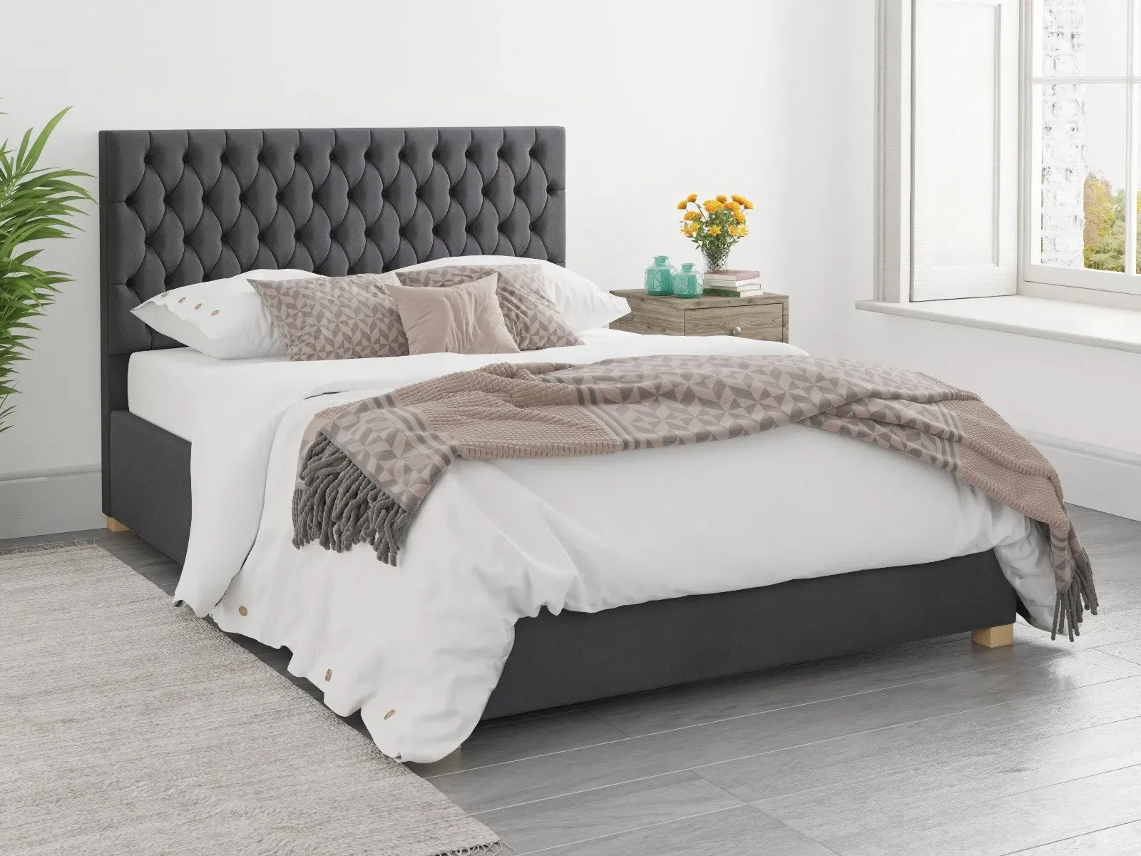 Double Ottoman Bed with Storage - Steel, Velvet
