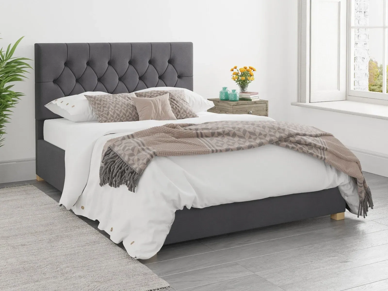 Double Ottoman Bed with Storage - Steel, Velvet