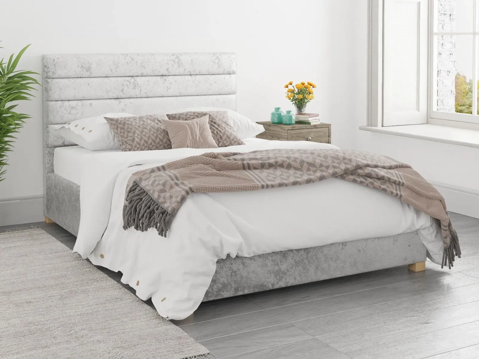 King Size Ottoman Bed with Storage - Silver, Velvet