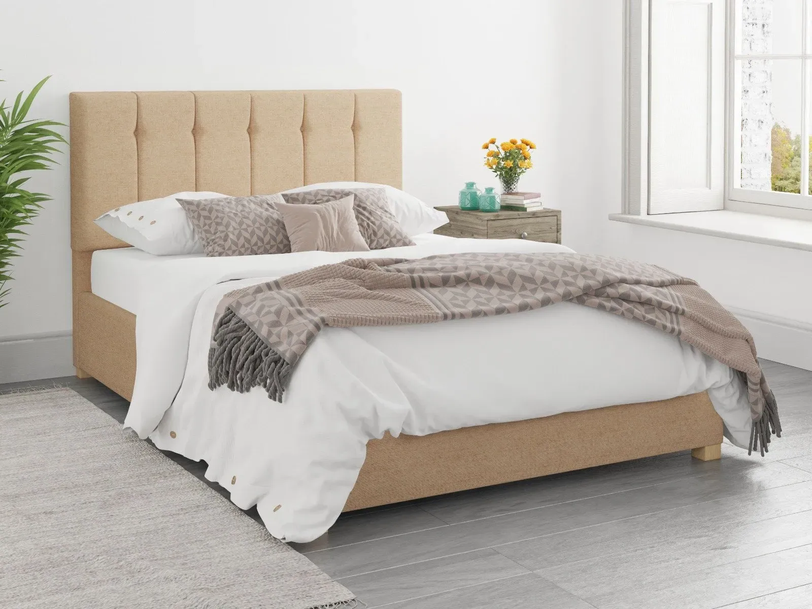 Single Ottoman Bed with Storage - Champagne, Velour
