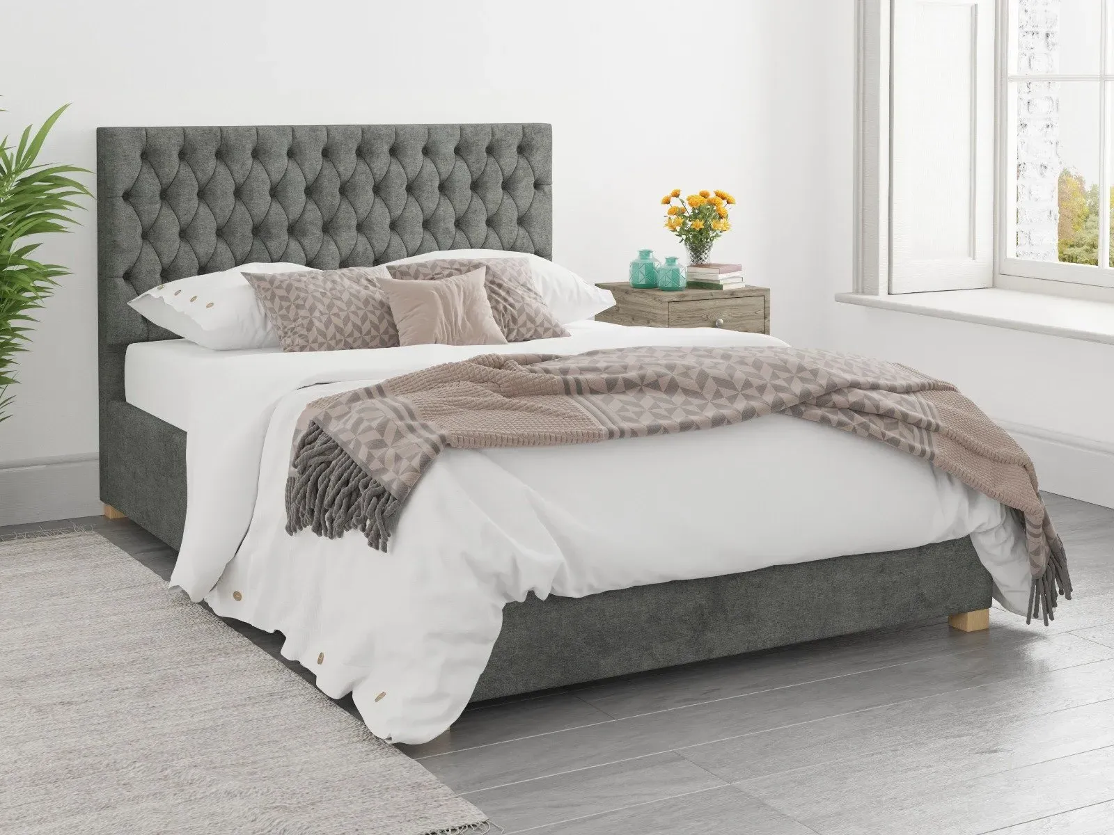 Single Ottoman Bed with Storage - Granite, Linen