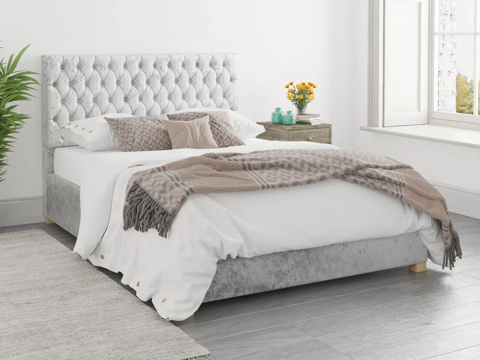 Single Ottoman Bed with Storage - Silver, Velvet