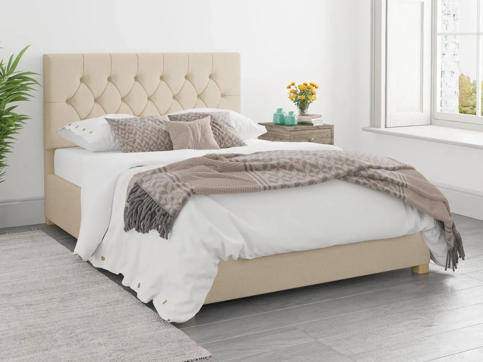 Small Double Ottoman Bed with Storage - Cream