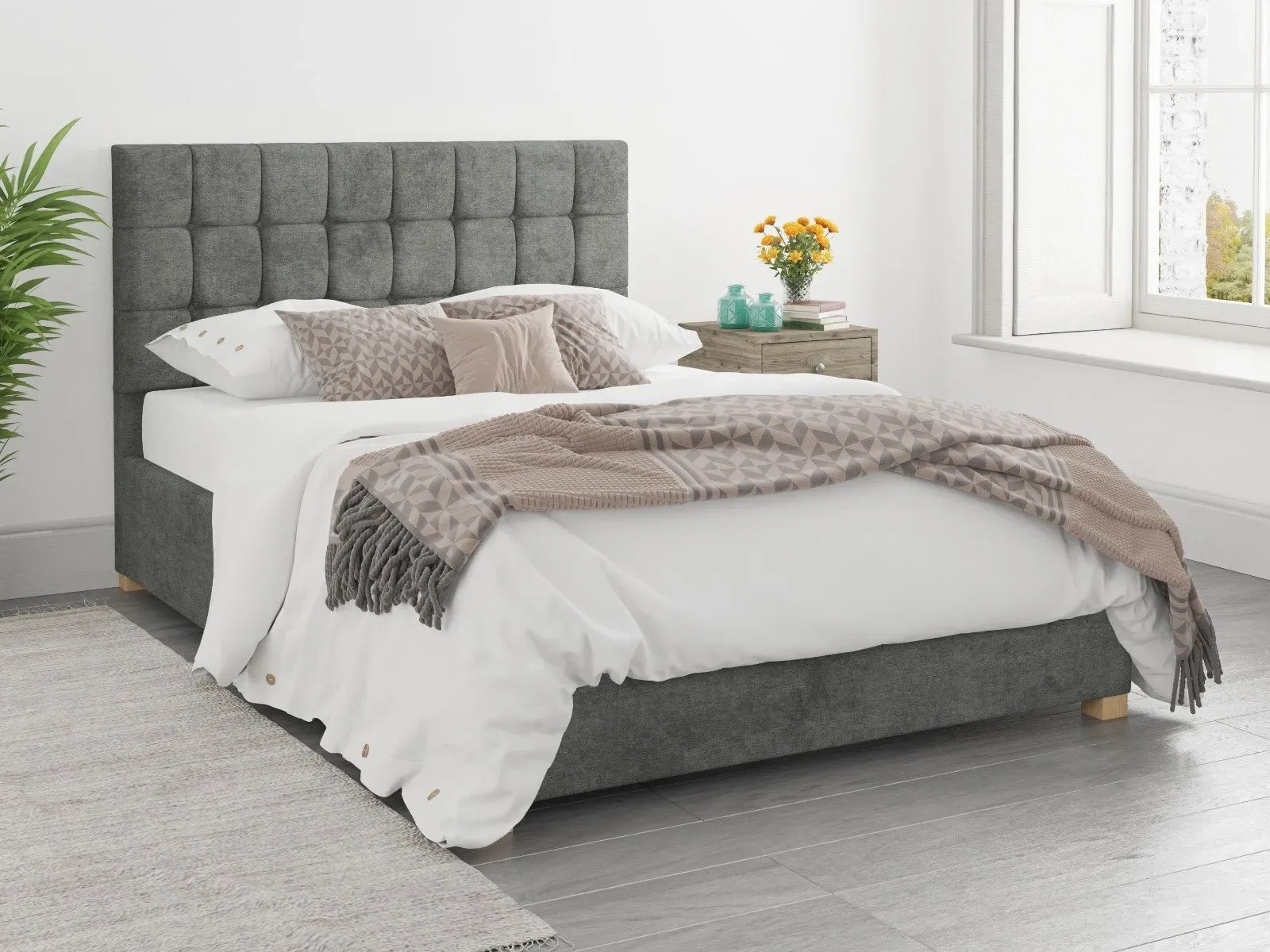 Small Double Ottoman Bed with Storage - Granite, Linen