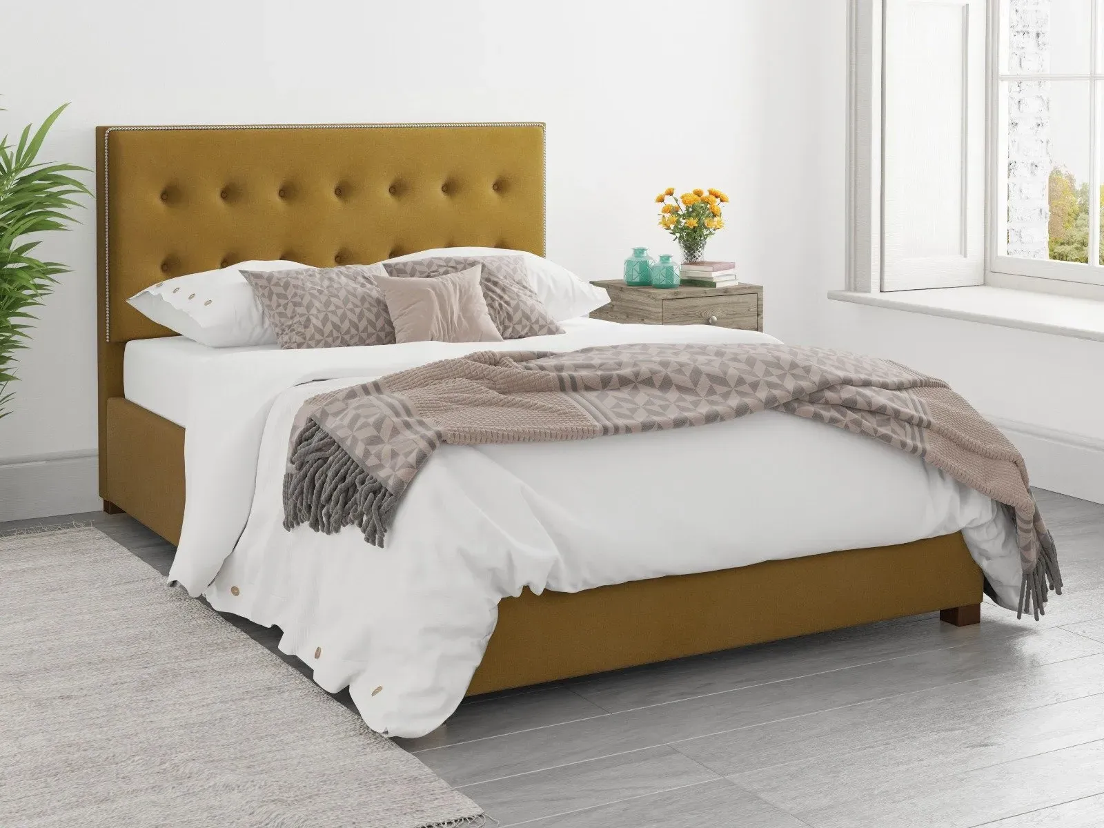 Small Double Ottoman Bed with Storage - Ochre, Velvet