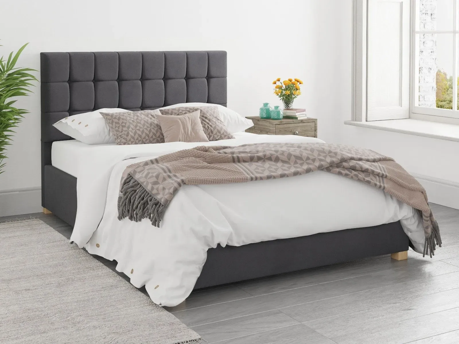 Small Double Ottoman Bed with Storage - Steel, Velvet