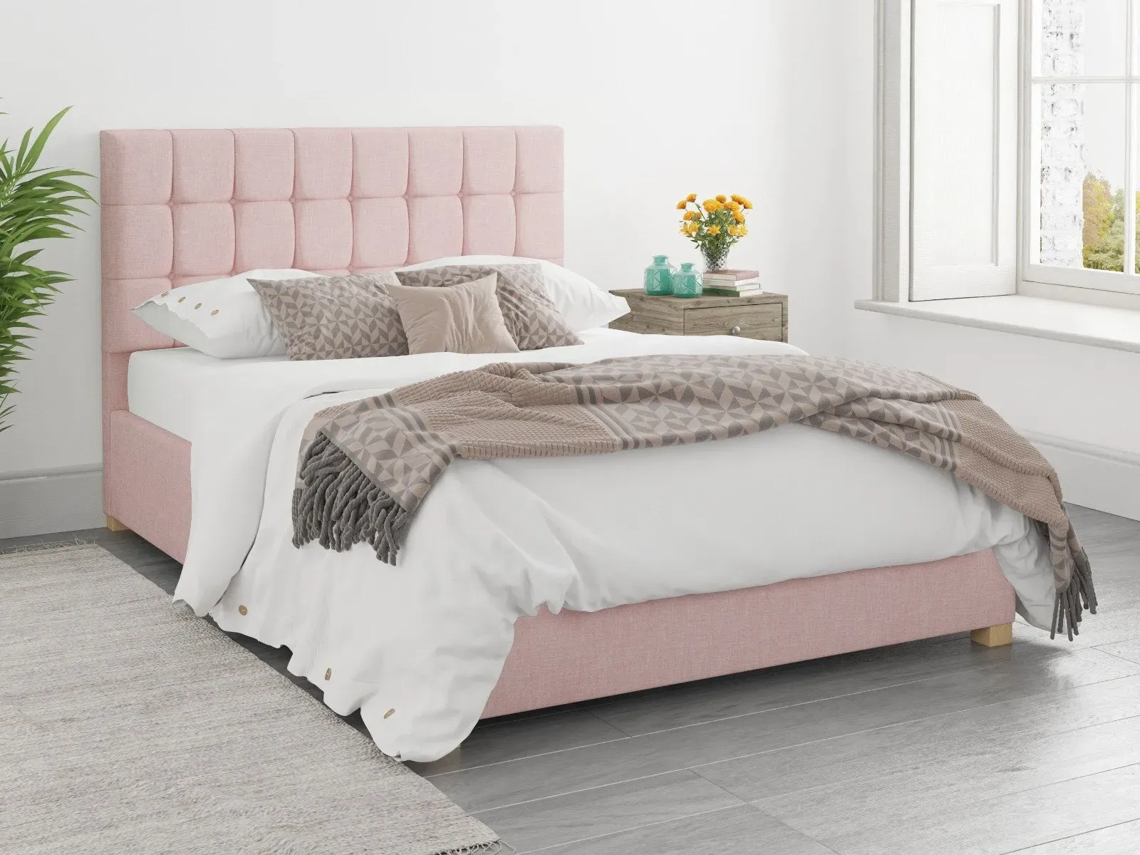 Small Double Ottoman Bed with Storage - Tea Rose, Cotton