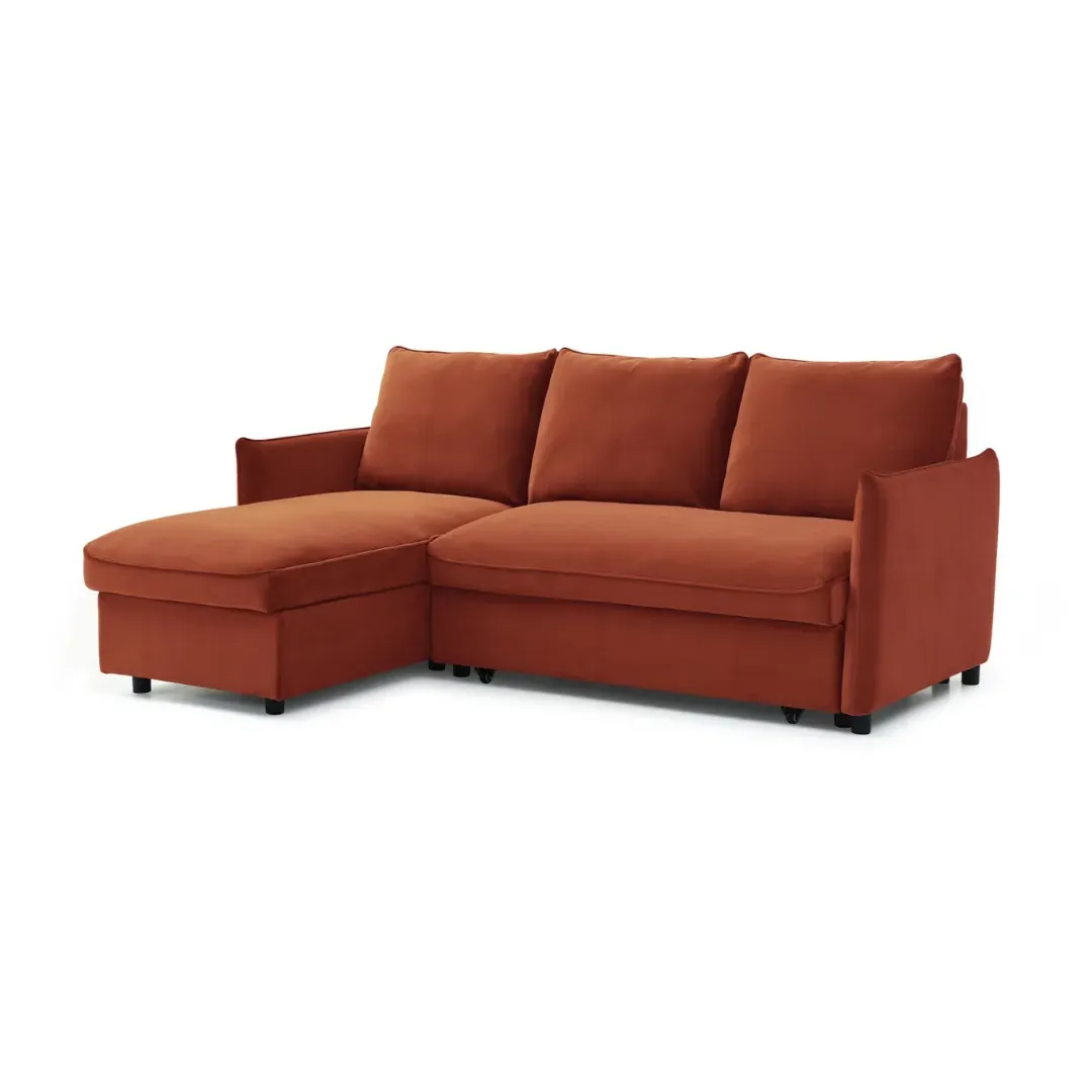 Corner Sofa Bed with Storage - Orange, Velvet image