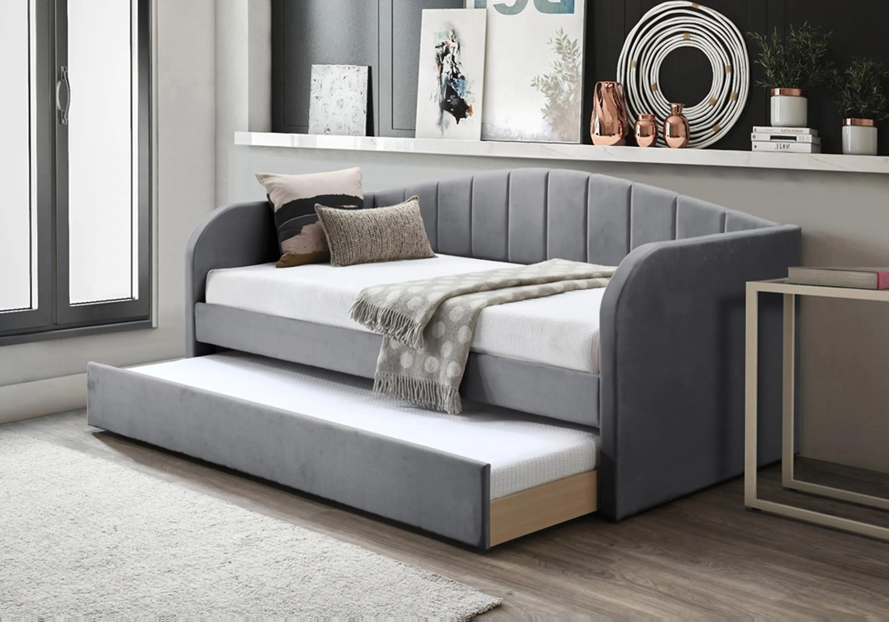 Day Bed with Trundle - Grey, Velvet