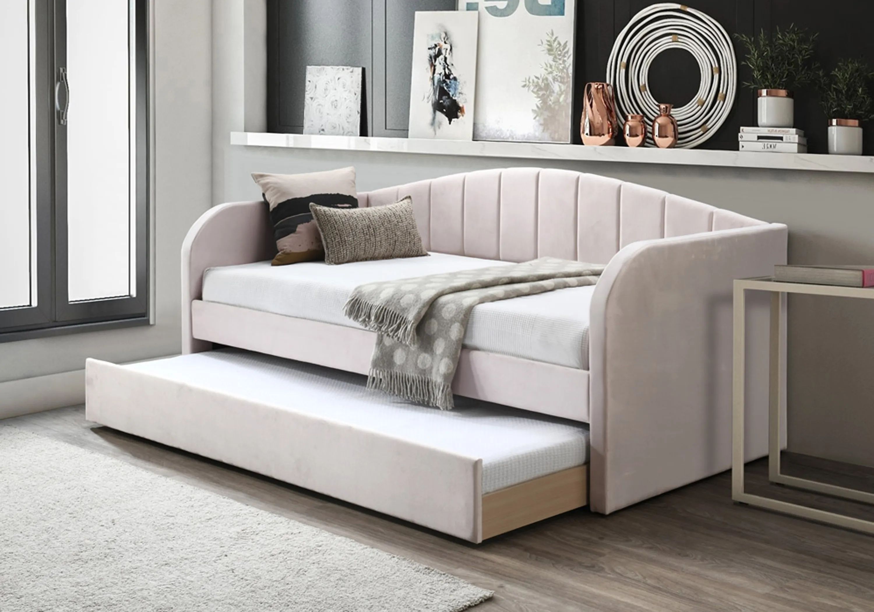 Day Bed with Trundle - Pink, Velvet