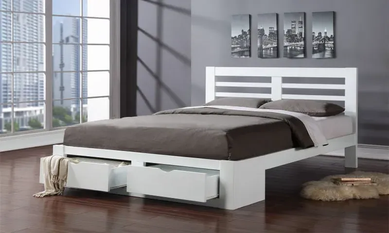 Double Bed Frame with Storage - White, Wood