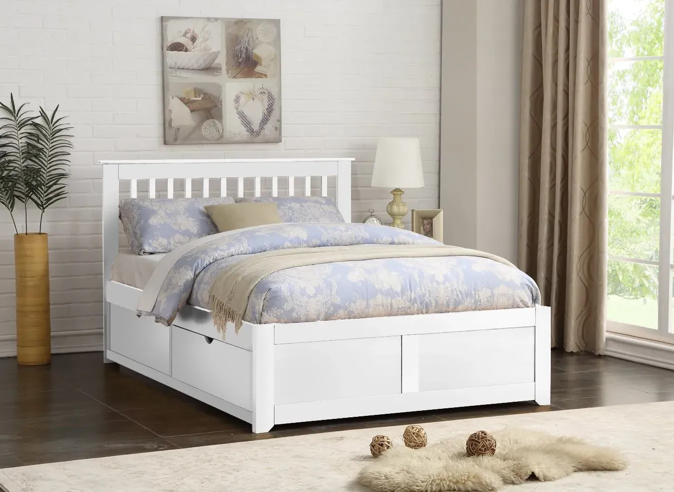 King Size Bed with Storage - White, Hardwood