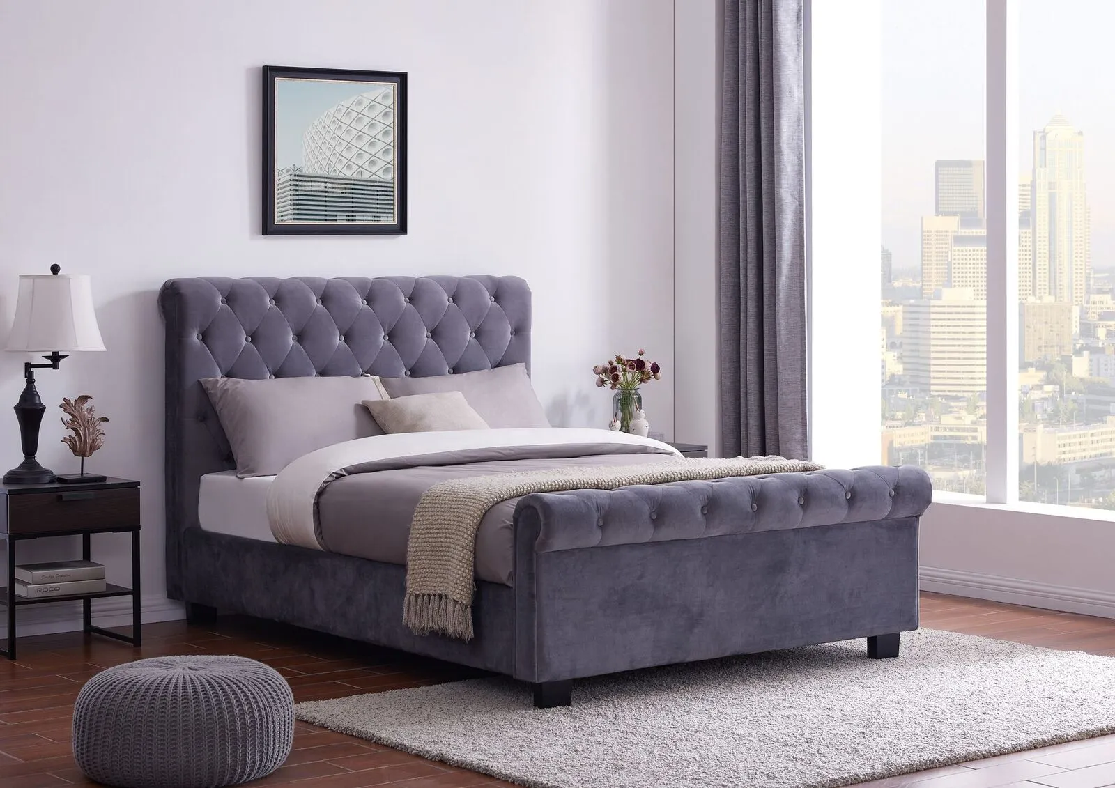 King Size Ottoman Bed with Storage - Grey, Velvet