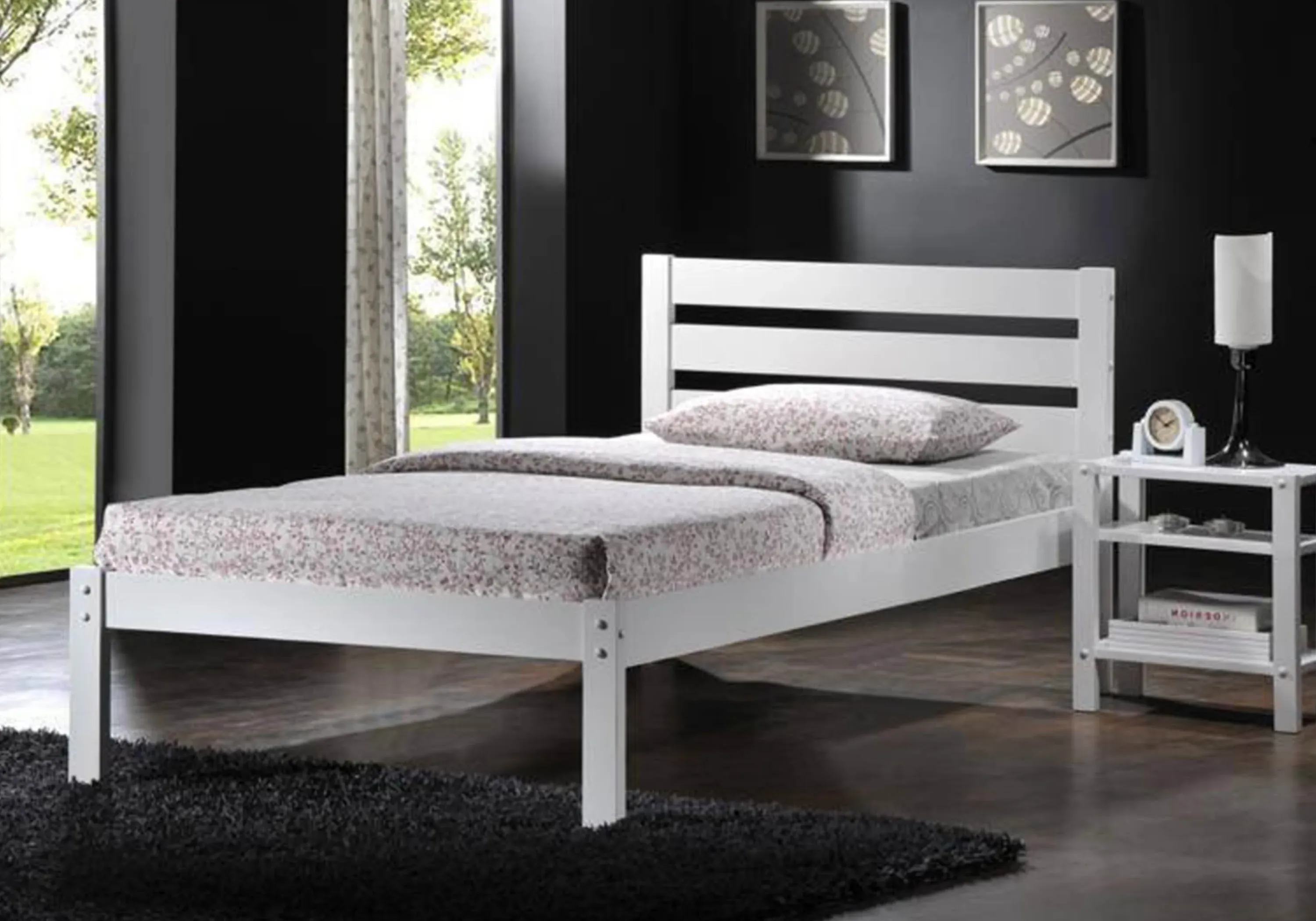 Single Bed Frame with Slats - White, Hardwood image