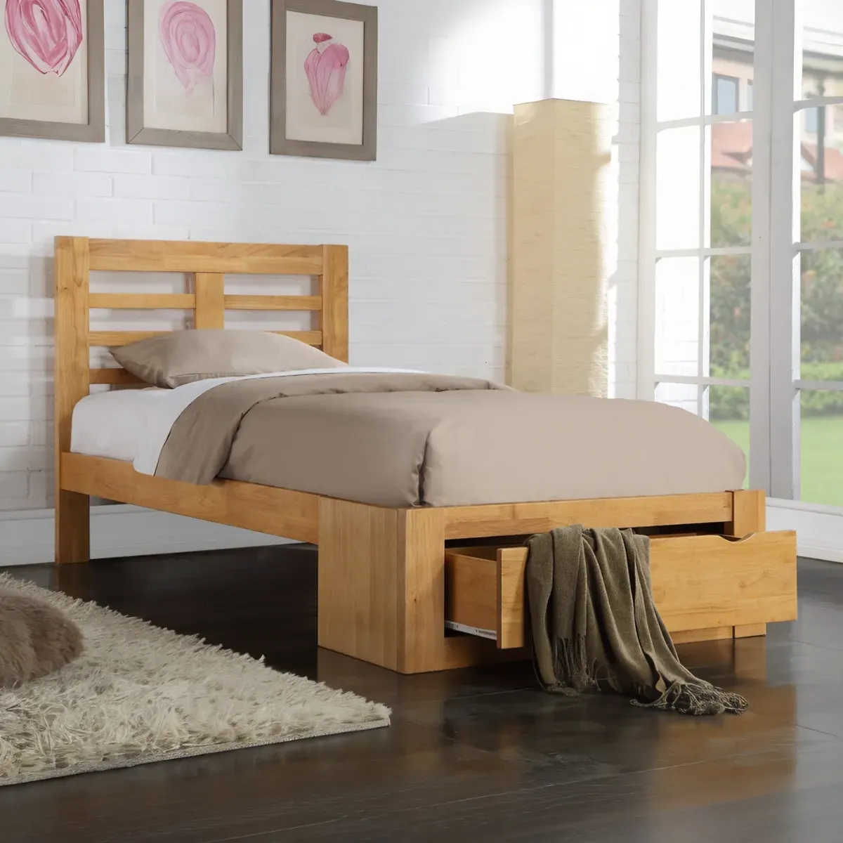 Single Bed Frame with Storage - Oak, Wood image