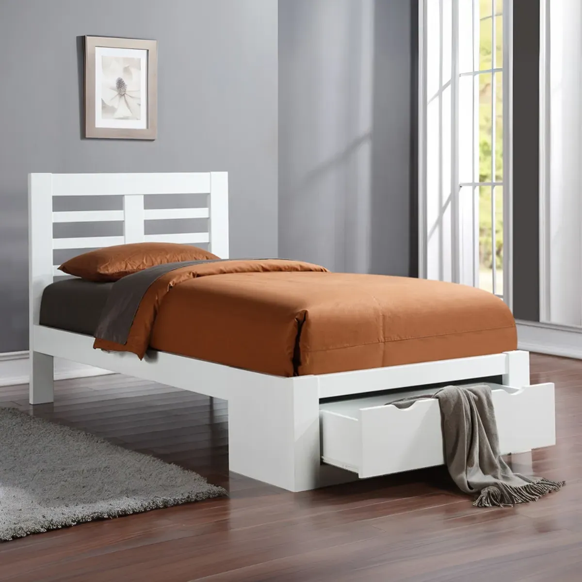 Single Bed Frame with Storage - White, Wood