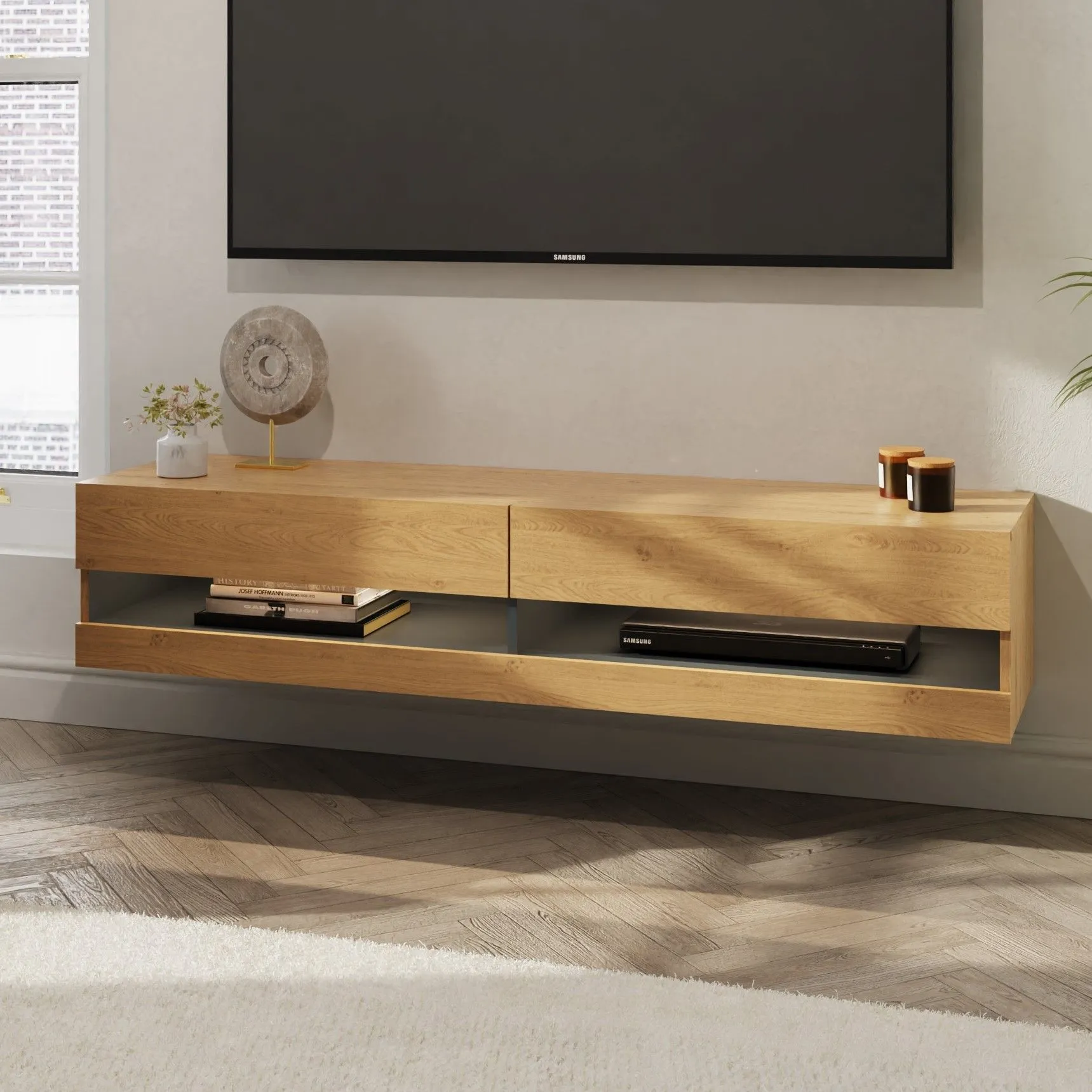 180cm Wall TV Unit with LED - Oak