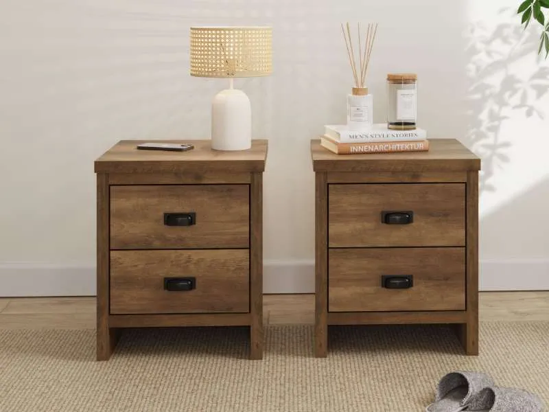2-Drawer Bedside Table Pair - Knotty Oak