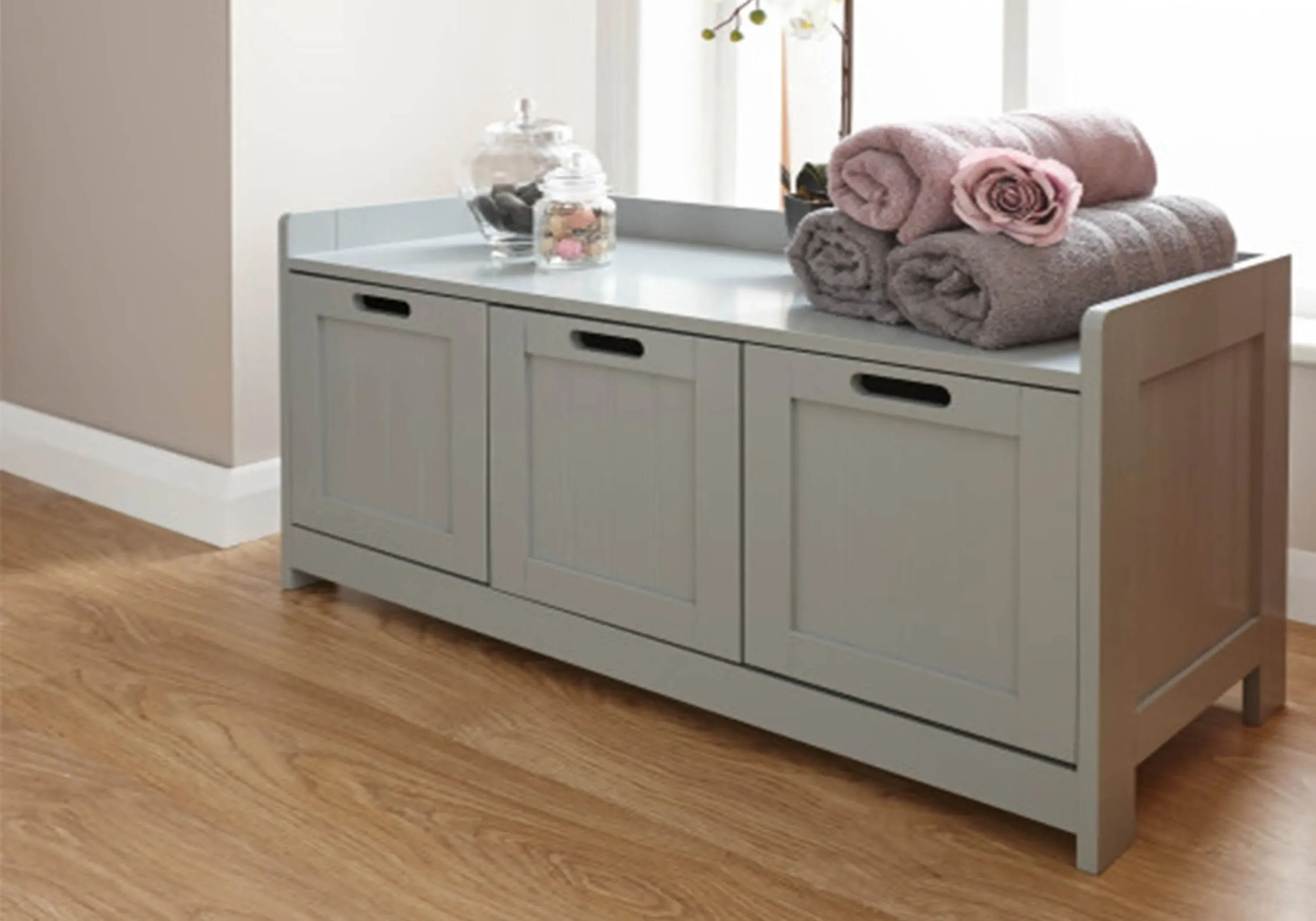 3-Door Storage Bench with Cupboards - Grey image
