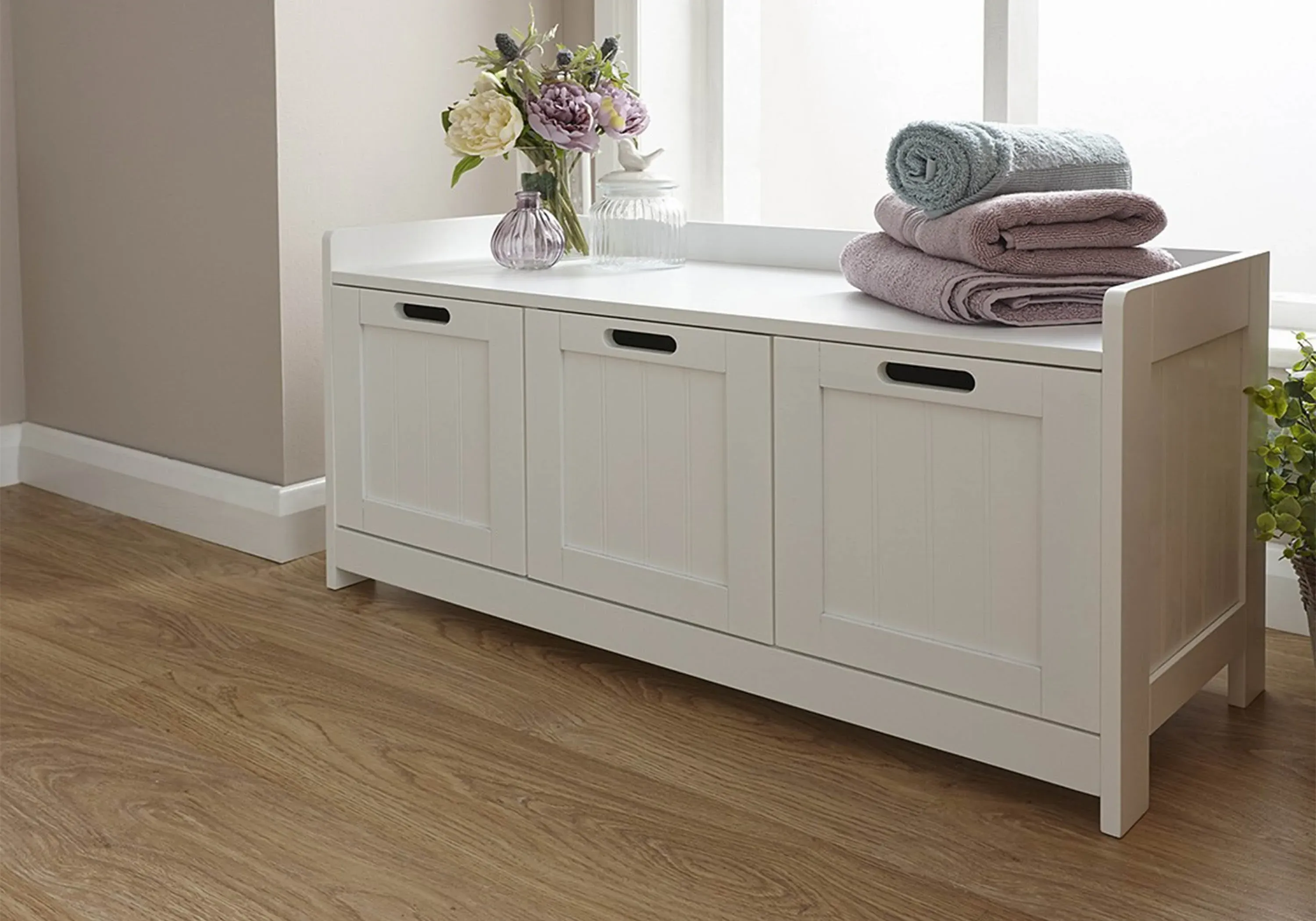 3-Door Storage Bench with Cupboards - White