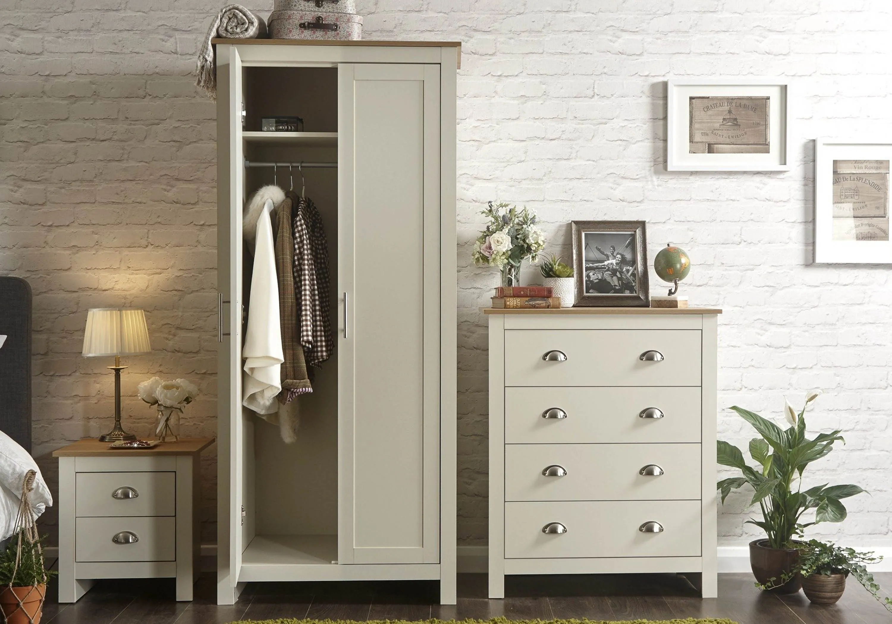 3-Piece Bedroom Set with Oak Tops - Cream