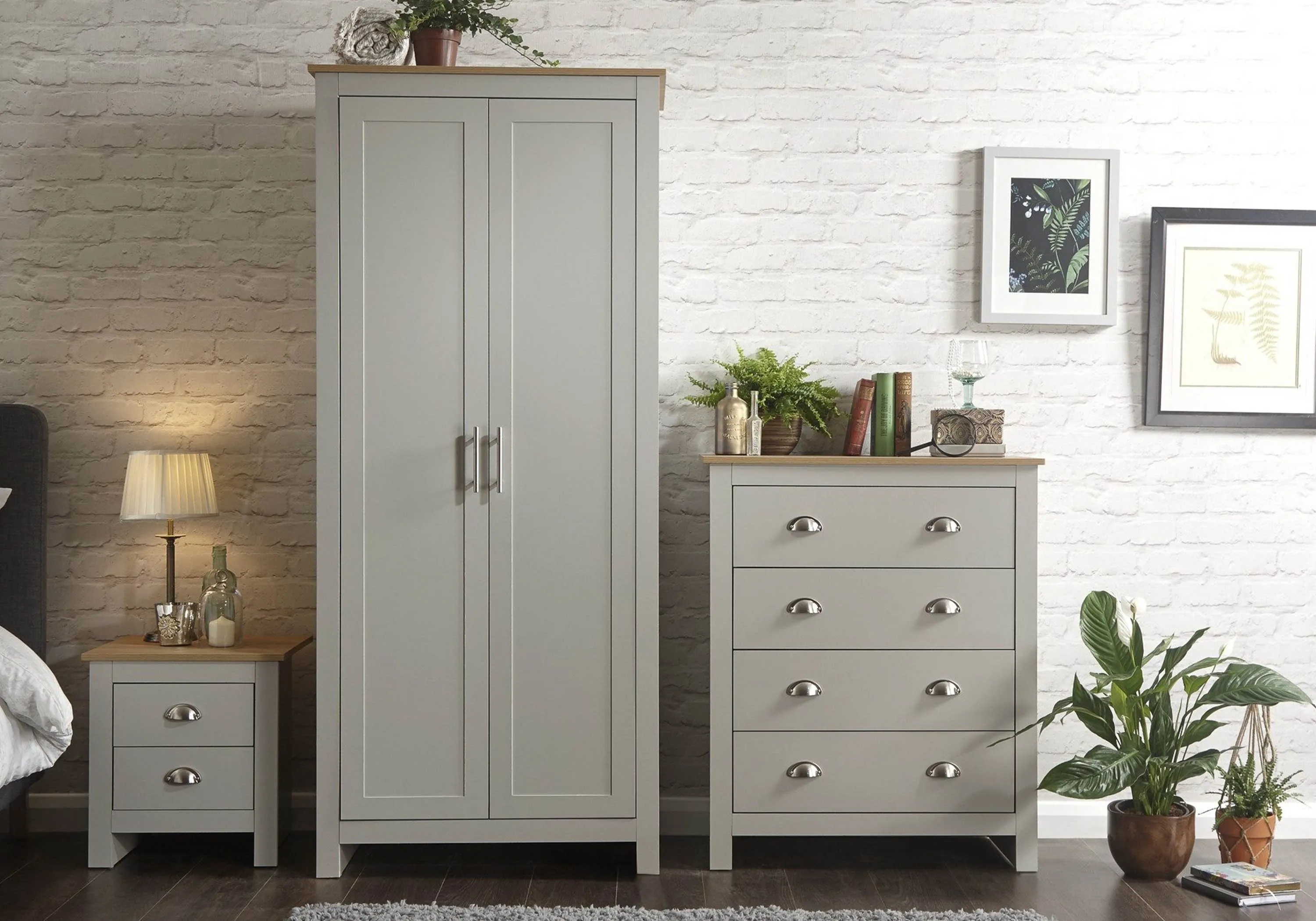 3-Piece Bedroom Set with Oak Tops - Grey