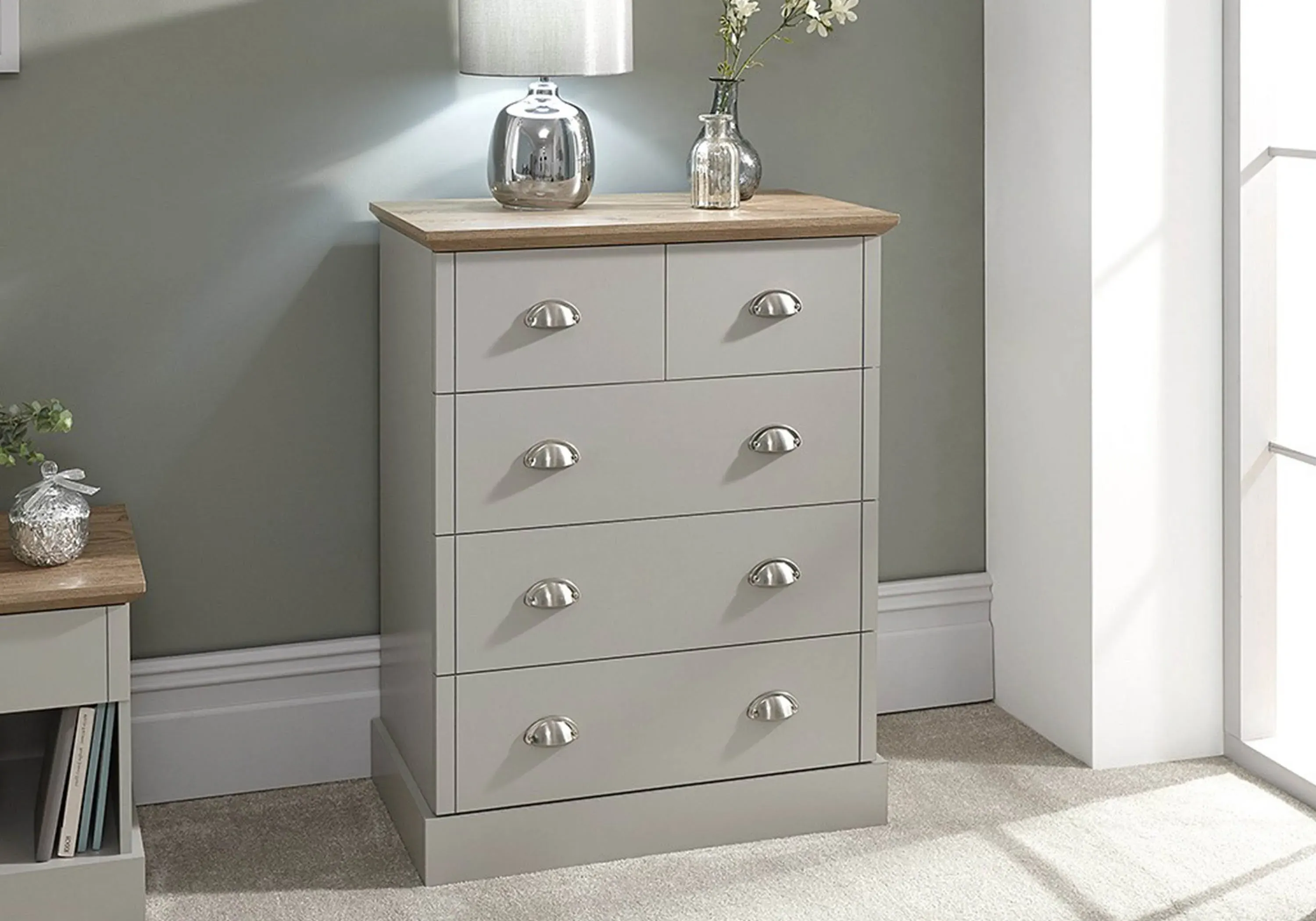 5-Drawer Chest with Oak Top - Grey, Wood