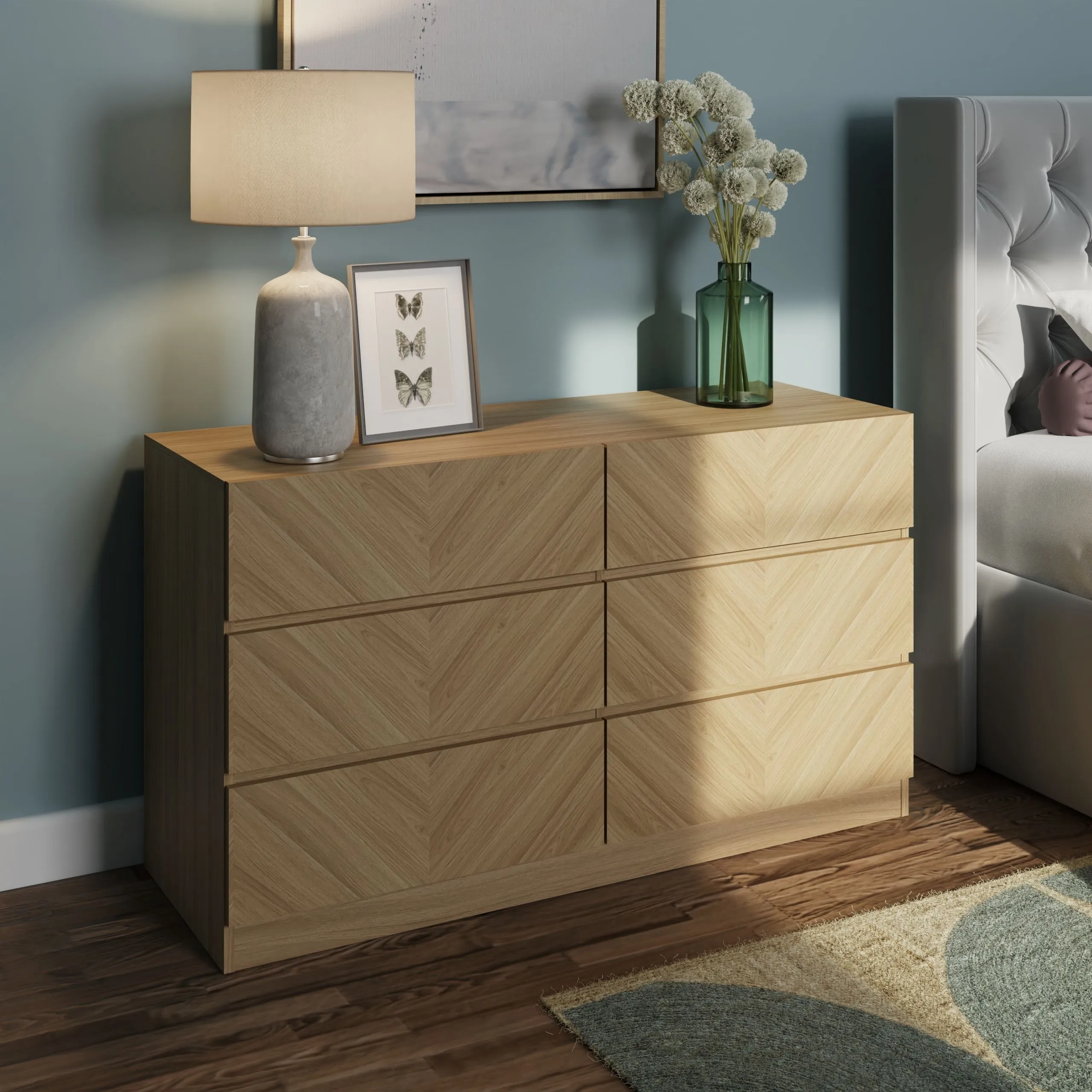 6-Drawer Chest with Herringbone Design - Euro Oak