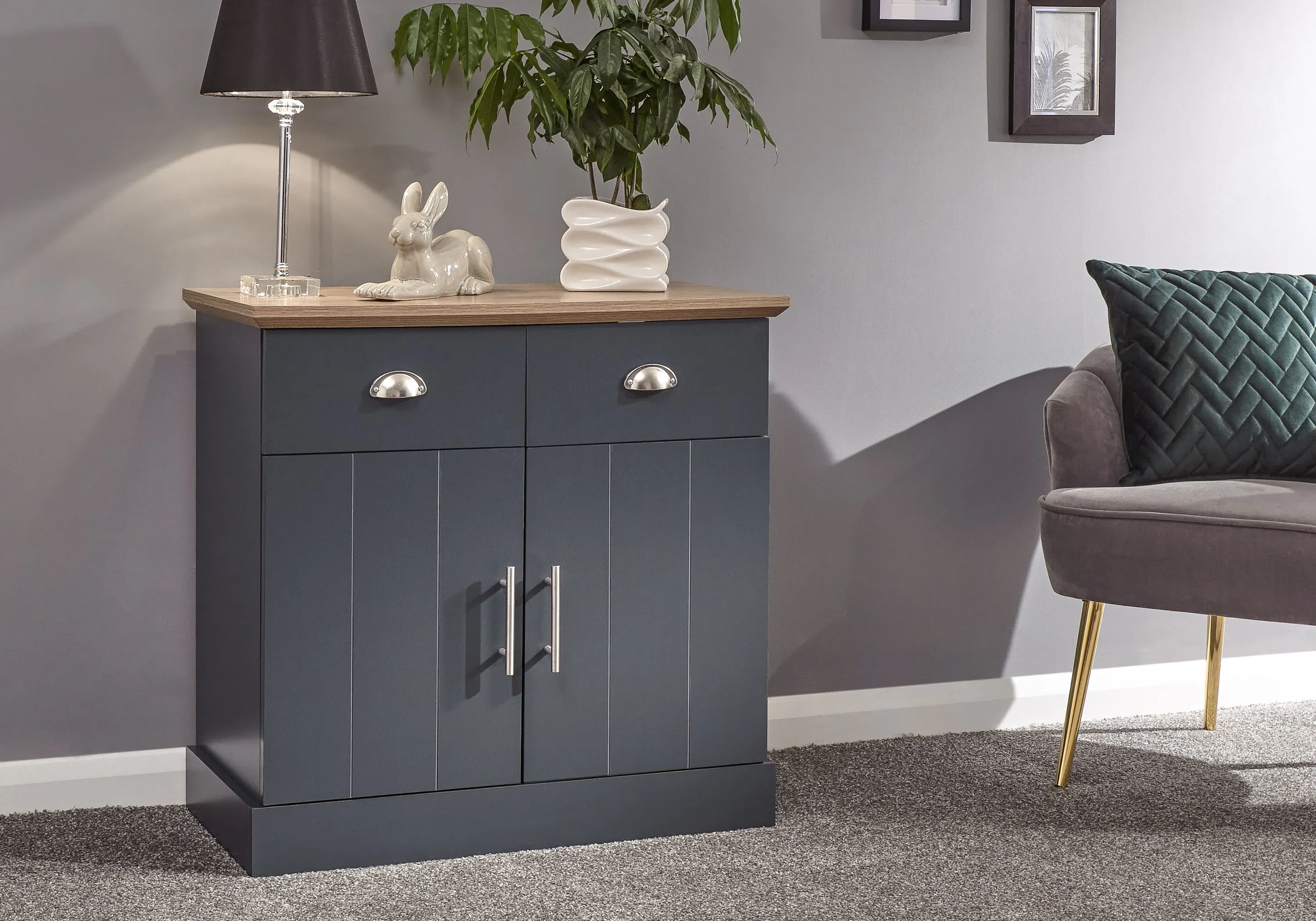 Compact Sideboard with Drawers - Slate Blue, Oak