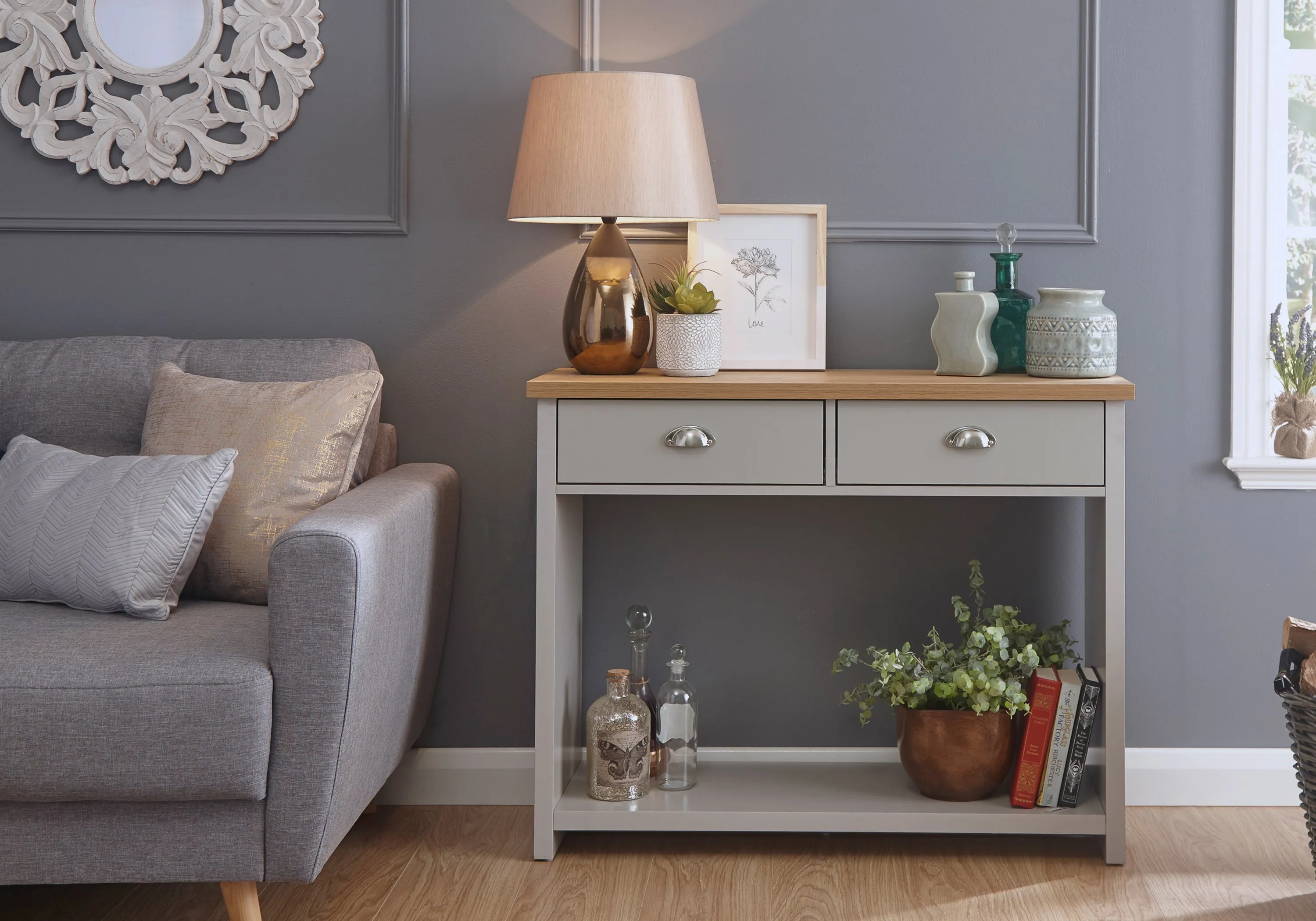 Console Table with Drawers - Grey, Oak Veneer image