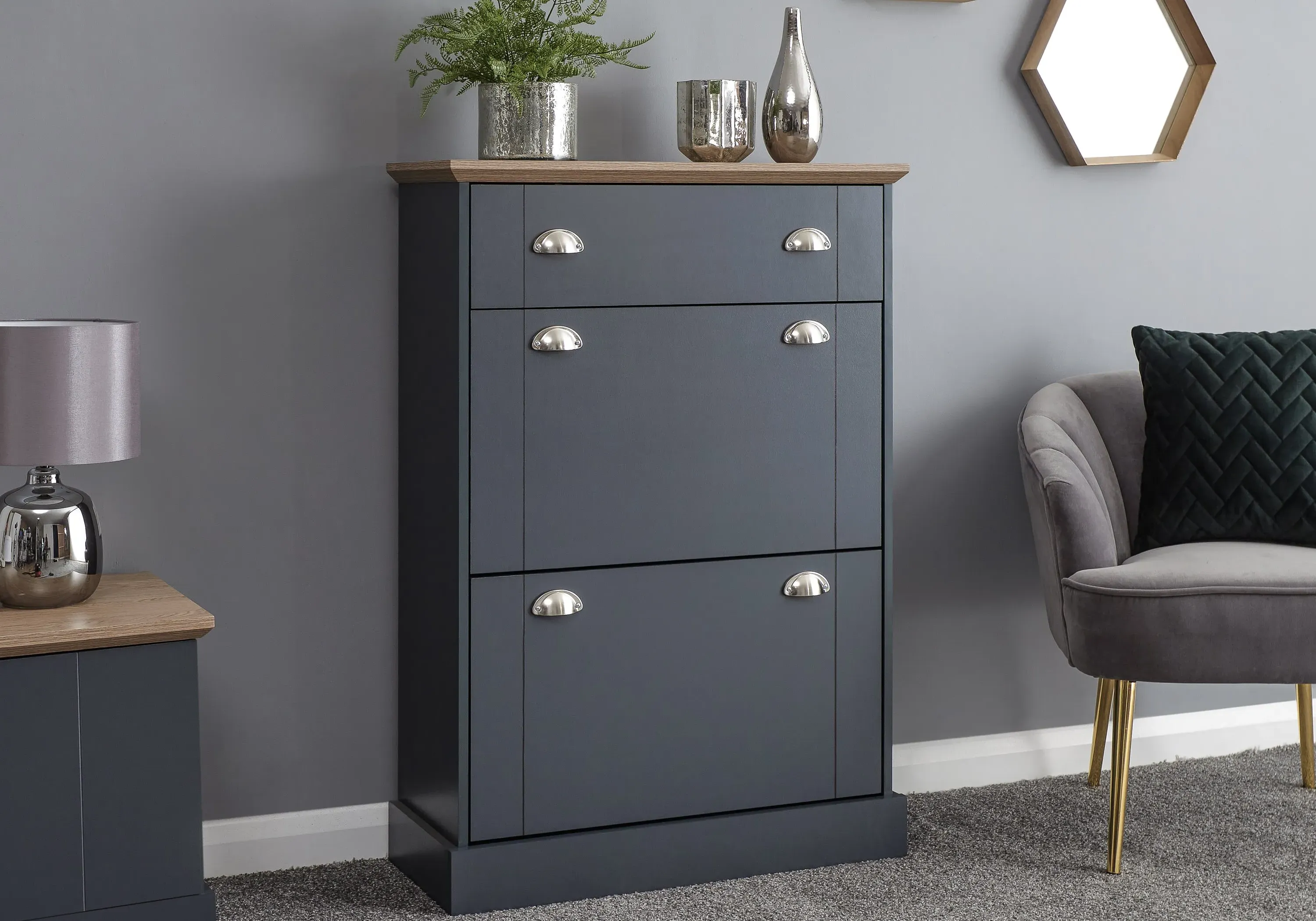 Deluxe Shoe Cabinet with Drawer - Slate Blue, Oak
