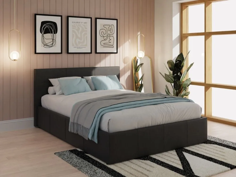 Double Ottoman Bed with Storage - Black, Faux Leather