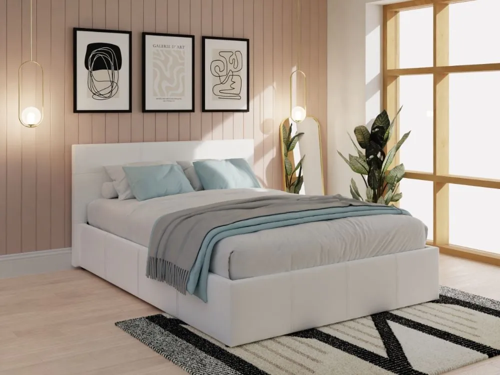 Double Ottoman Bed with Storage - White, Faux Leather