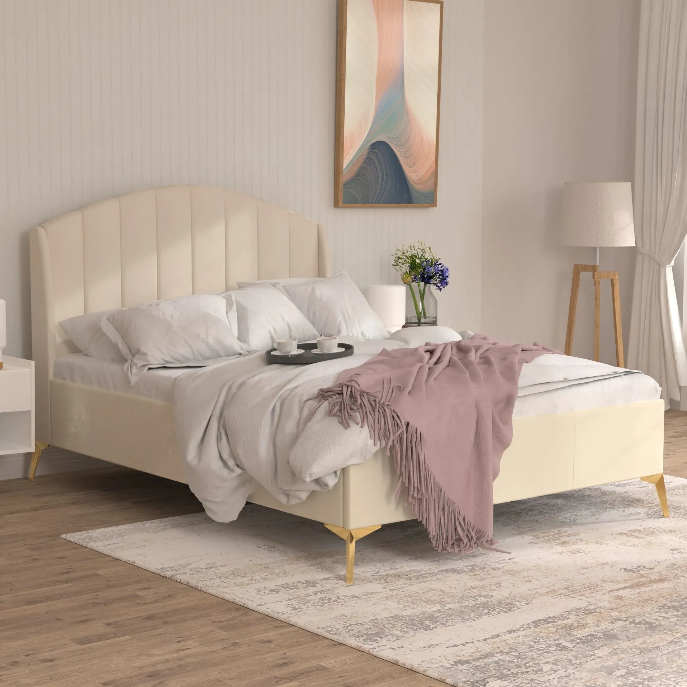 Double Ottoman Storage Bed - Natural, Velvet