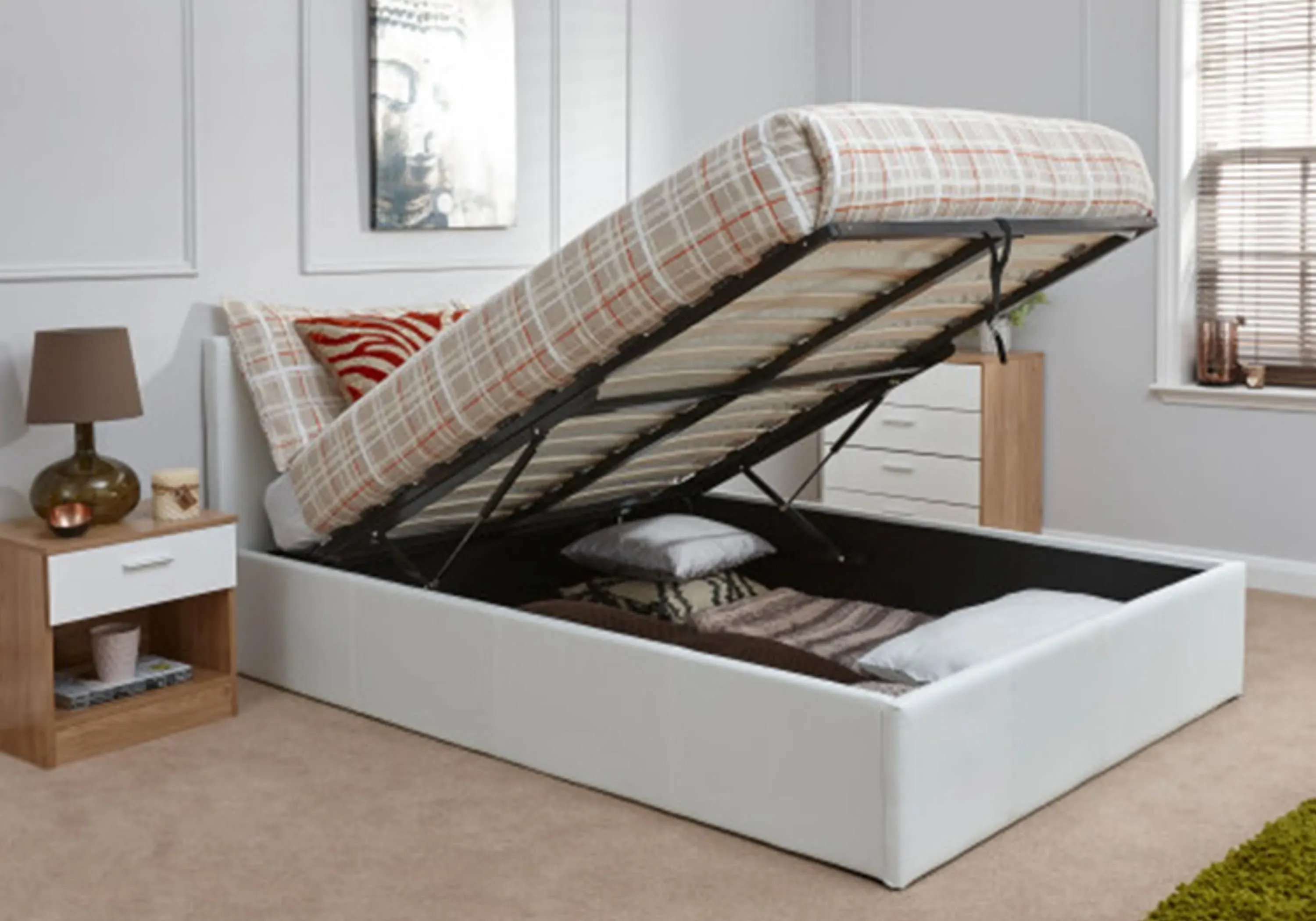 King Size Ottoman Bed with Storage - White, Faux Leather
