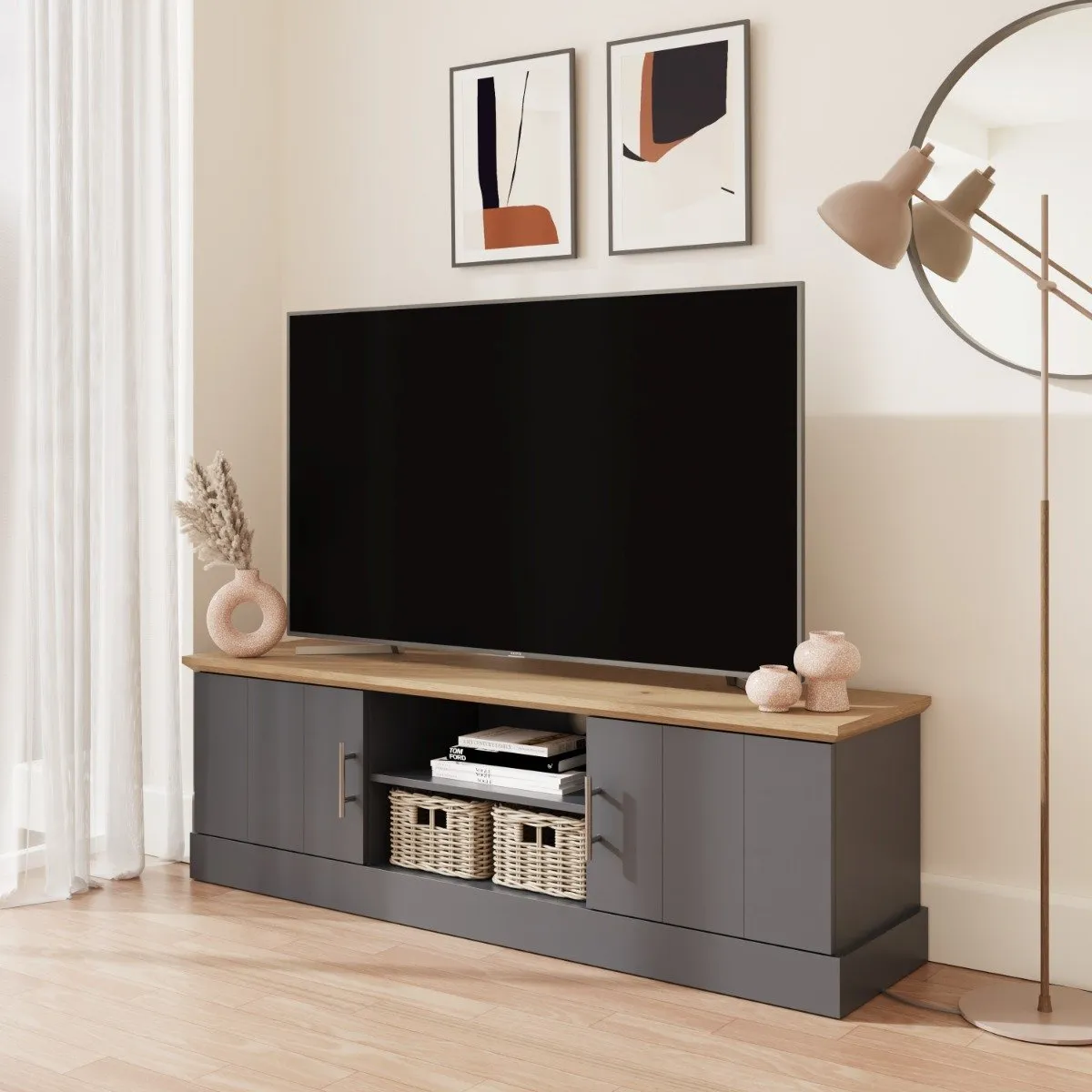 Large TV Unit with Shelving - Slate Blue, Oak