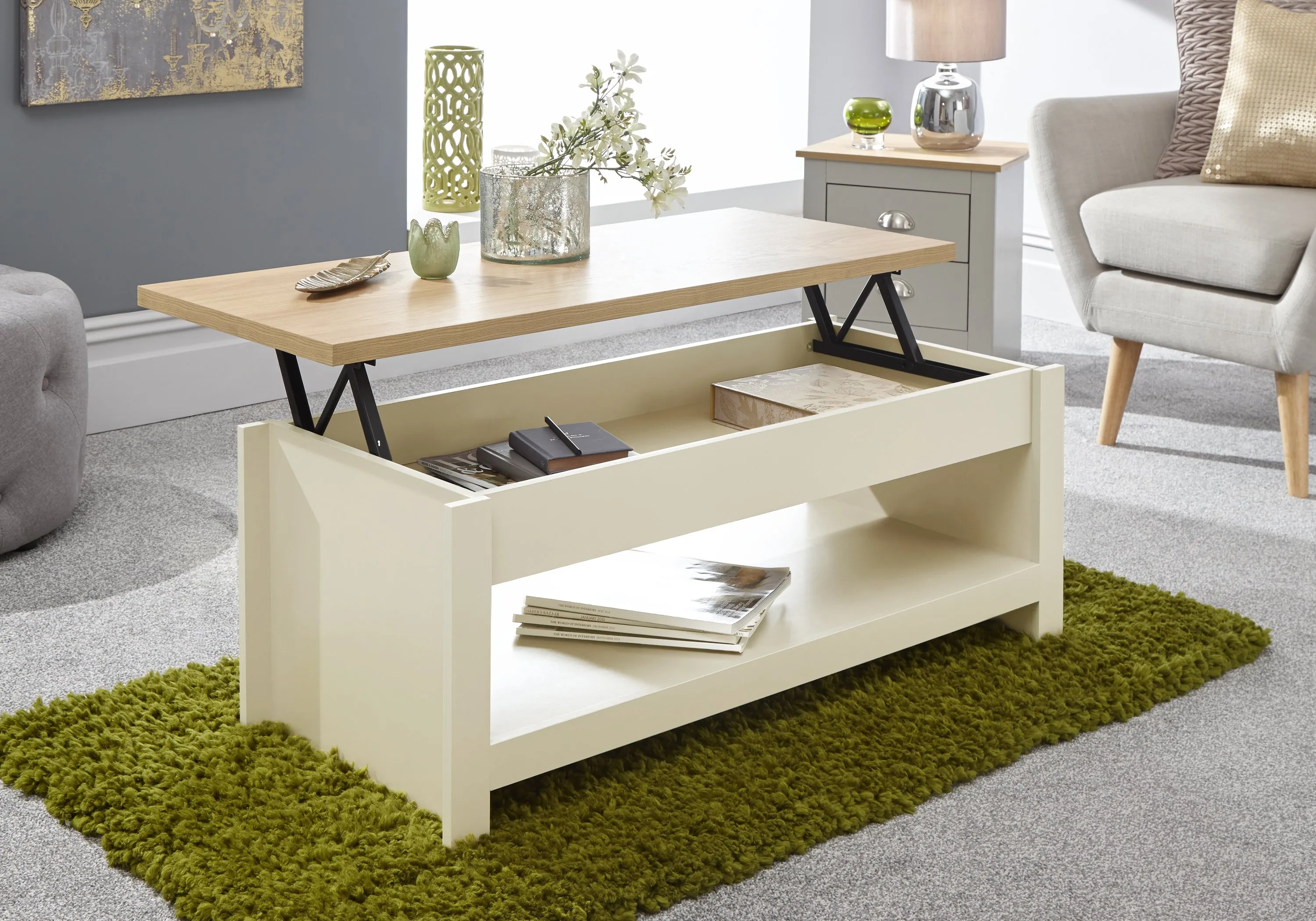 Lift Up Coffee Table with Storage - Cream, Oak