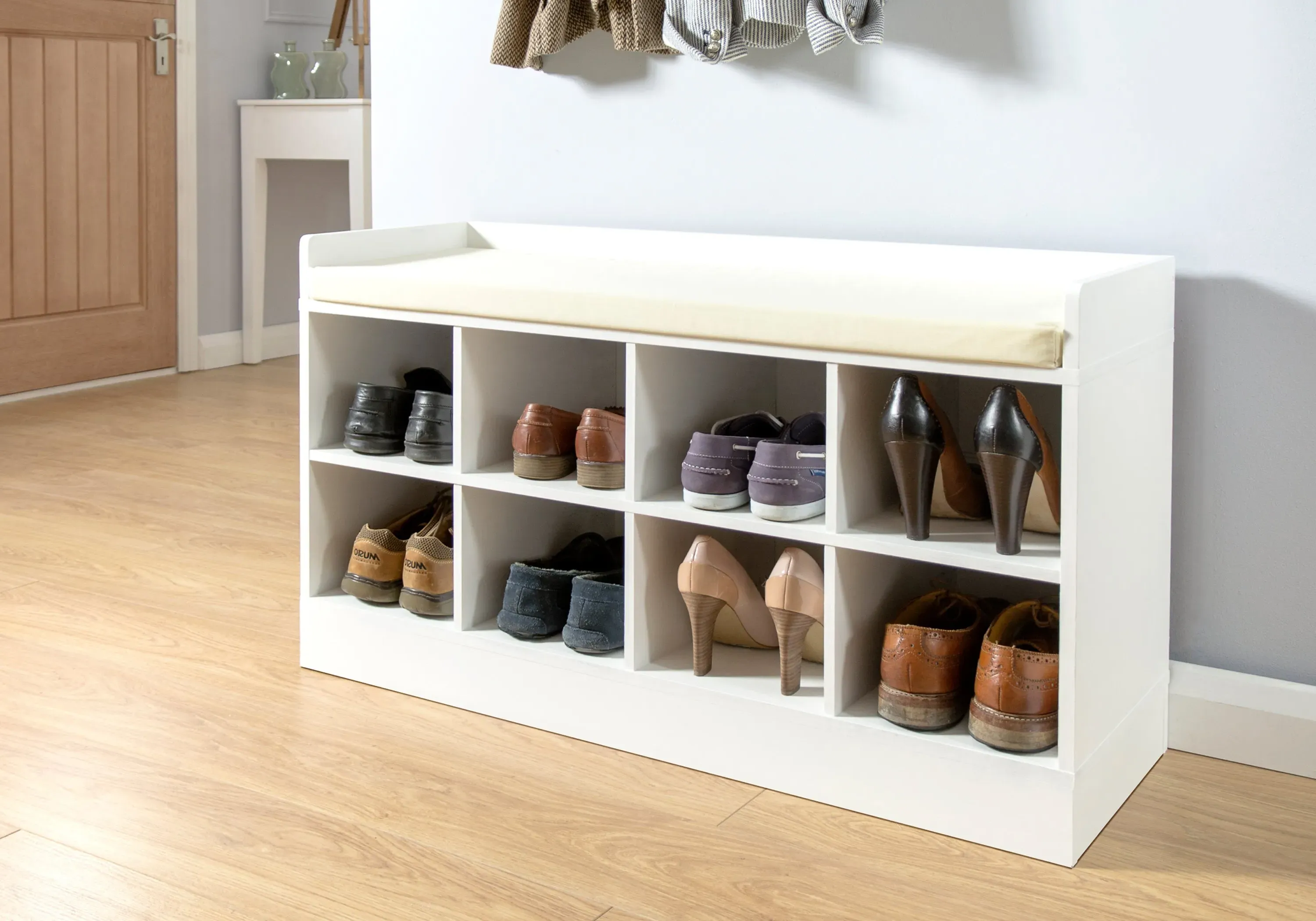Shoe Storage Bench with Cushion - White