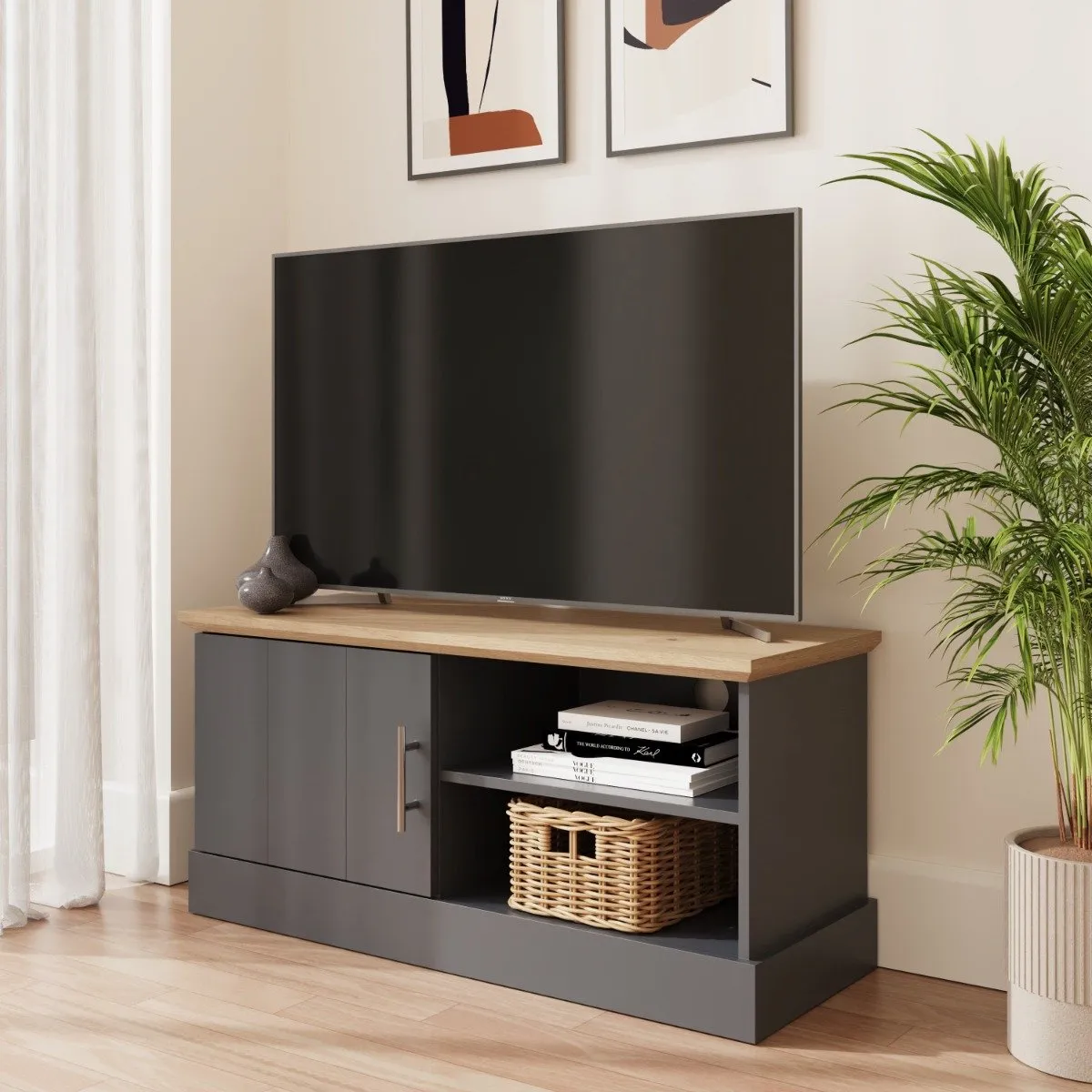 Small TV Unit with Storage - Slate Blue, Oak