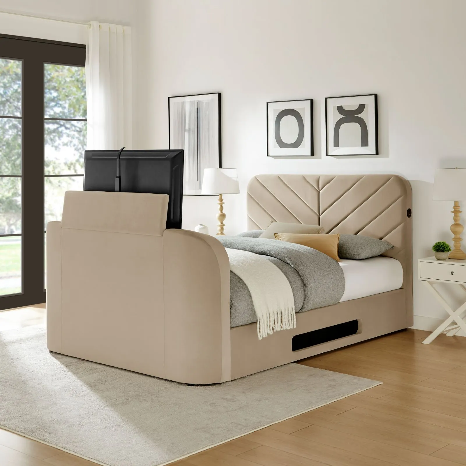 Double Ottoman TV Bed with Storage - Beige, Fabric image