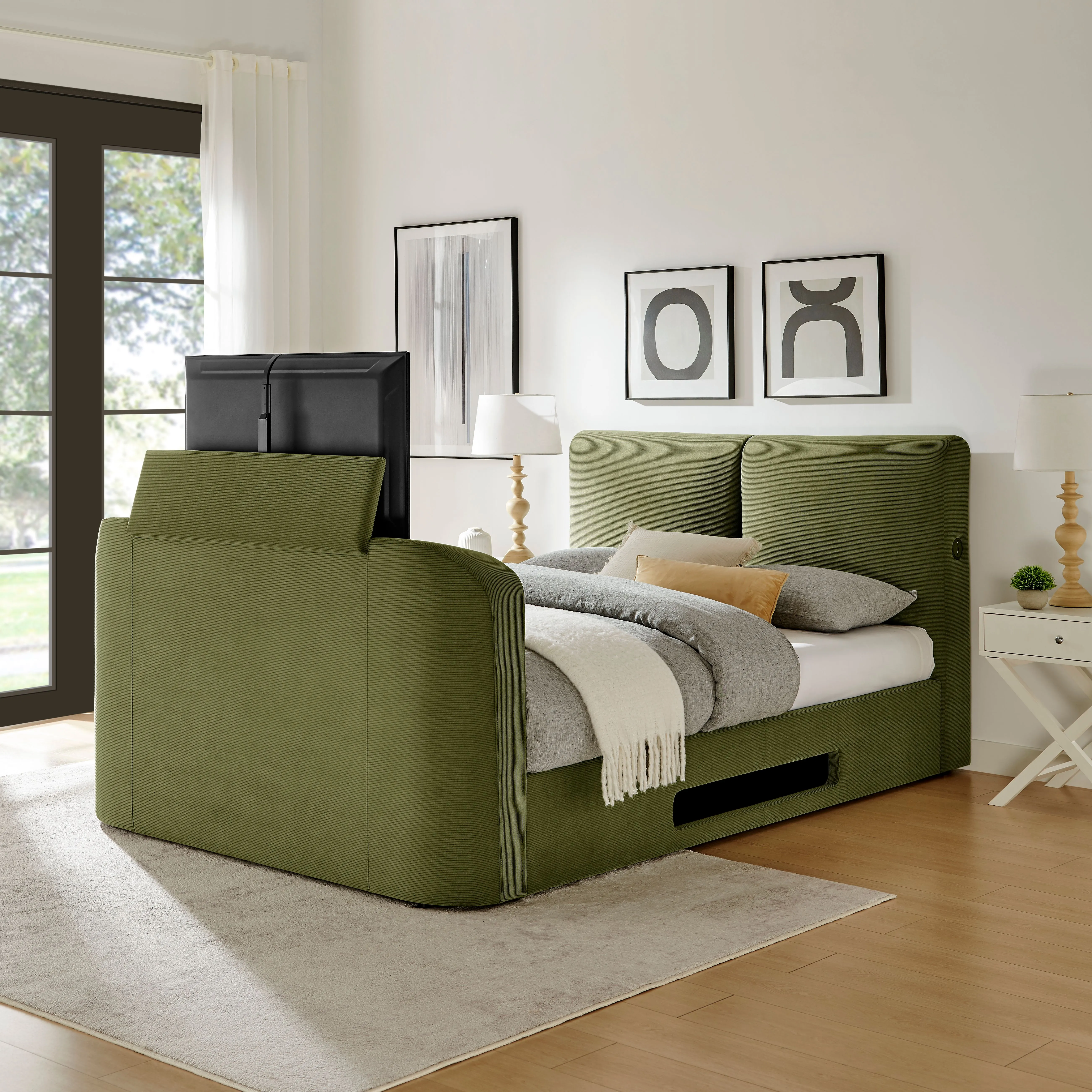 Double Ottoman TV Bed with Storage - Green, Corduroy image