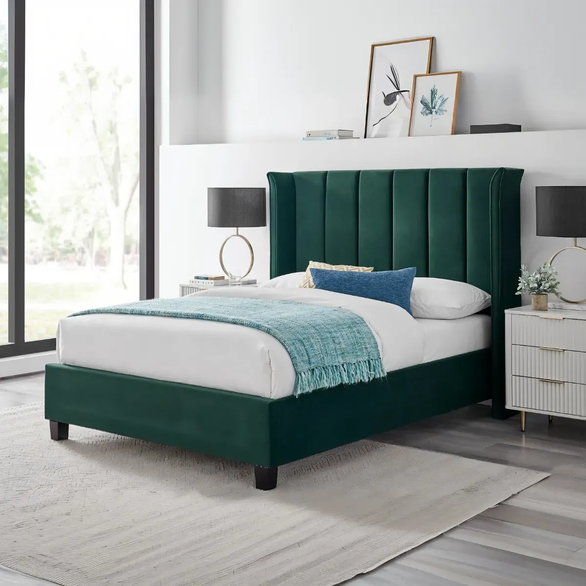 Double Bed Frame with Winged Headboard - Green, Velvet image
