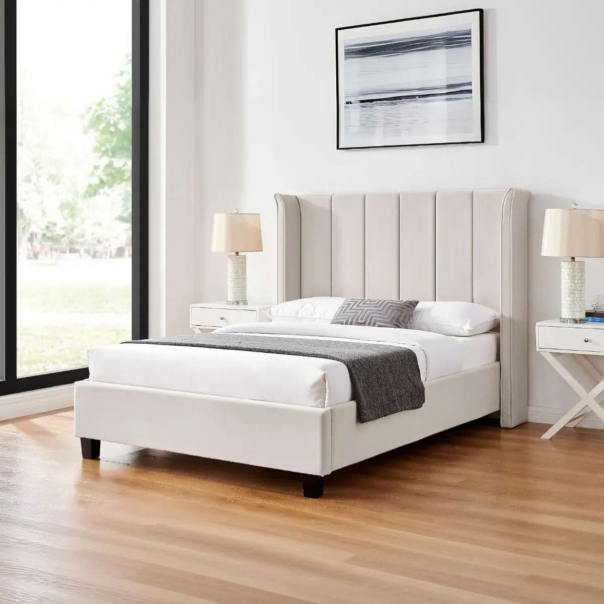 Double Bed Frame with Winged Headboard - Natural, Velvet