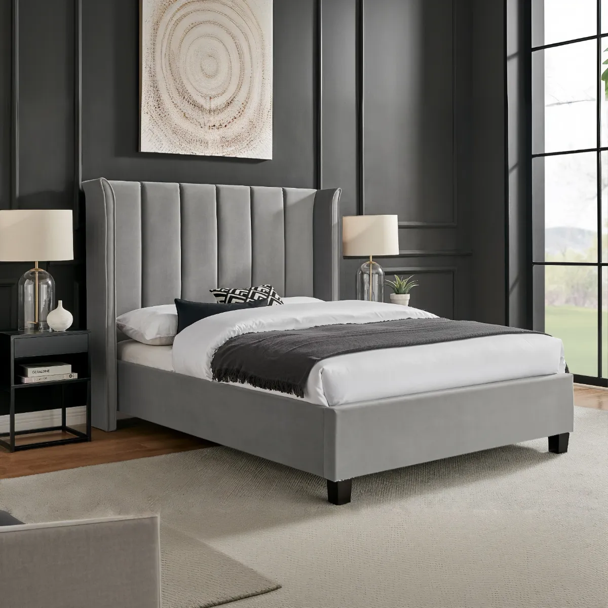 Double Bed Frame with Winged Headboard - Silver, Velvet