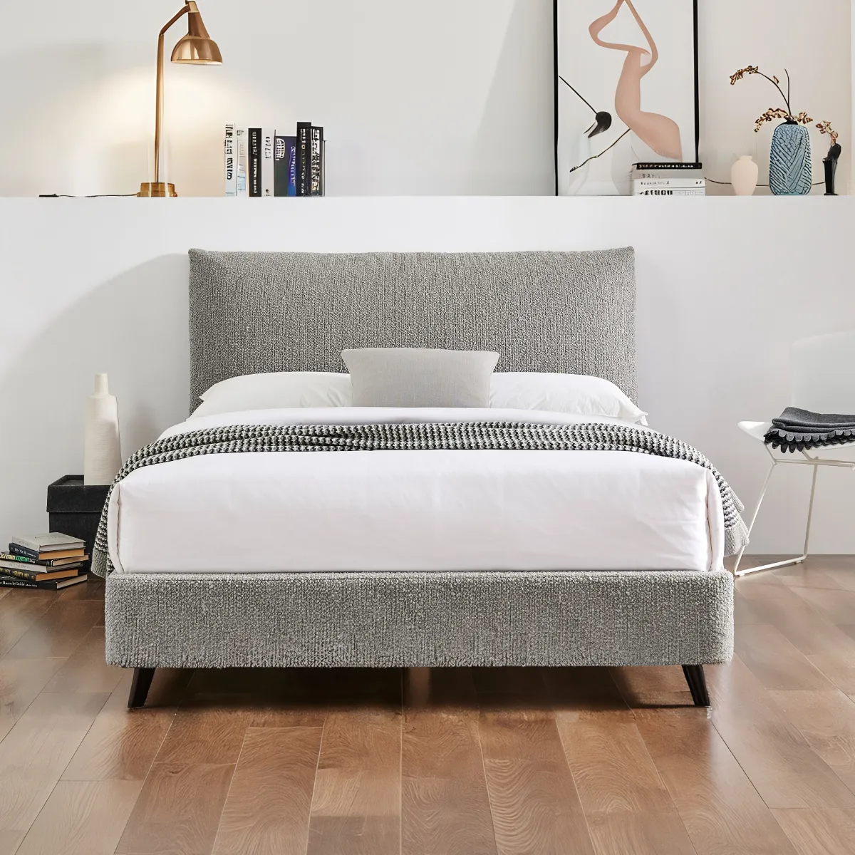 King Size Bed Frame with Pillow Headboard - Grey, Boucle