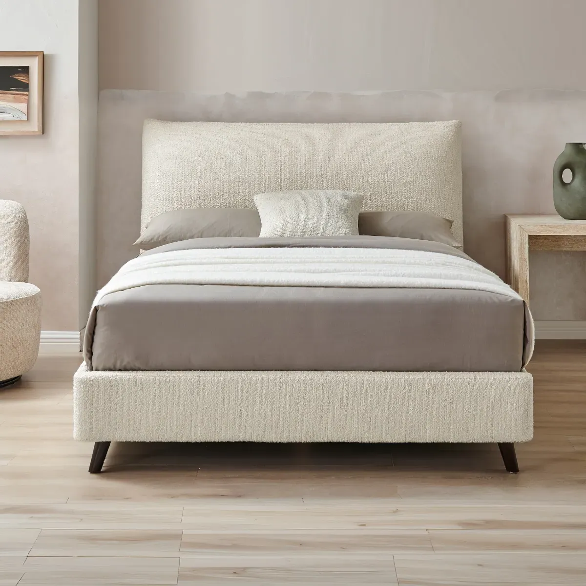 King Size Bed Frame with Pillow Headboard - Ivory, Boucle